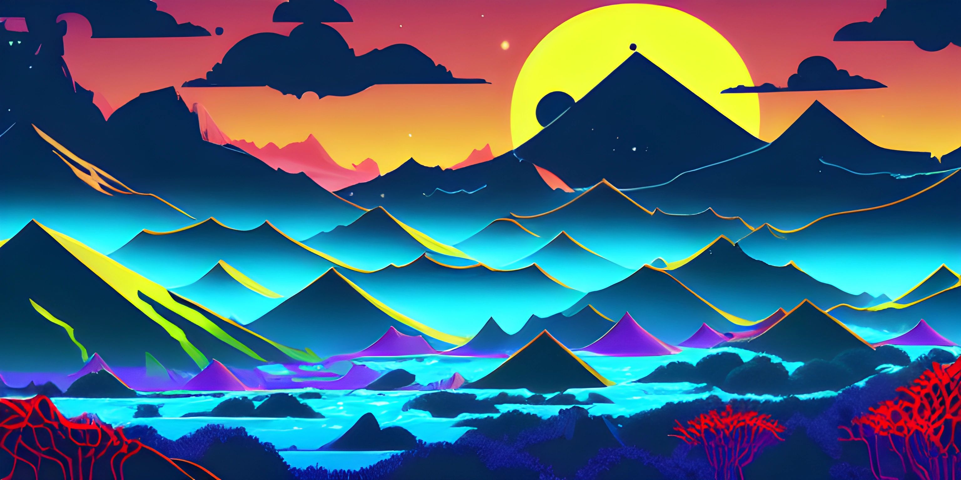 an image of a night scene with mountains and trees with purple colors over them and blue sky