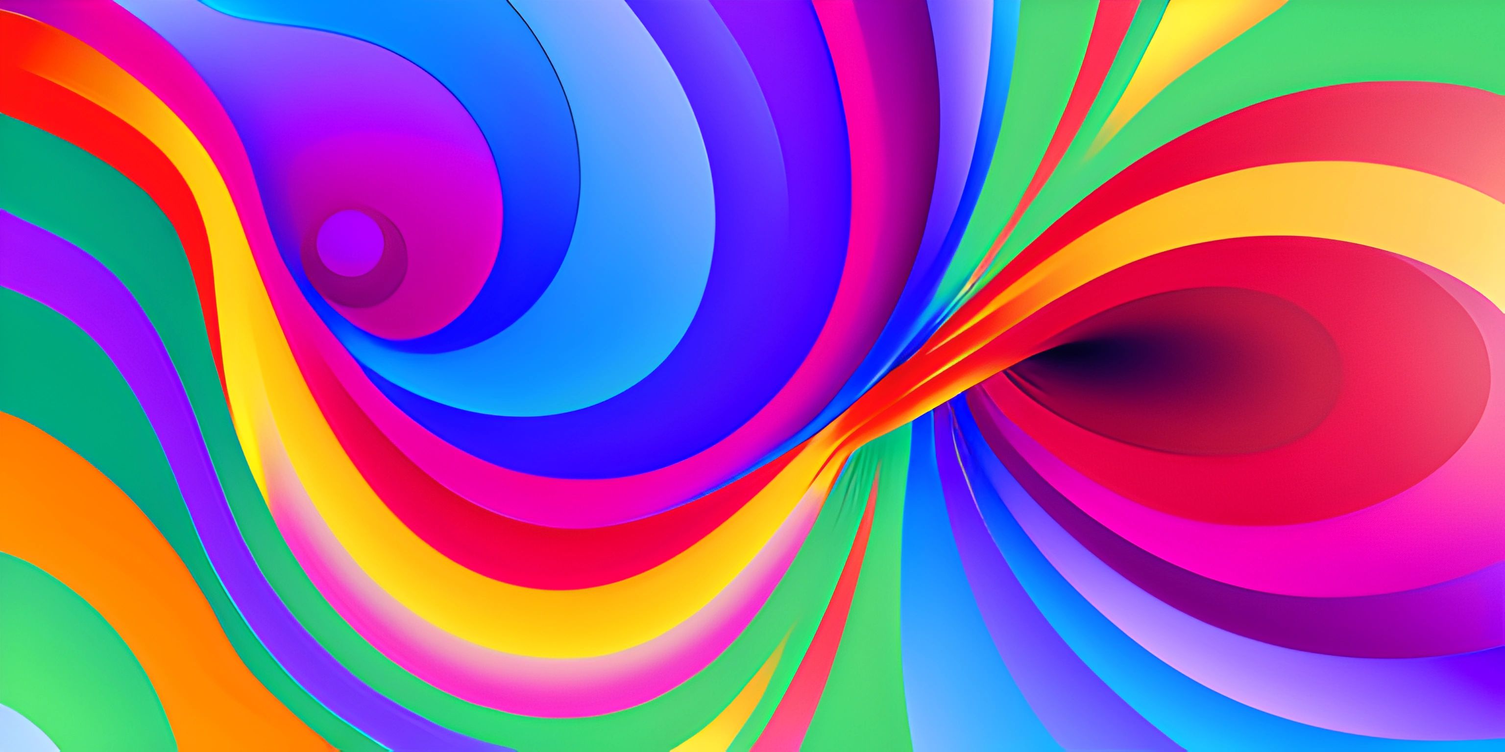 the abstract design of a rainbow swirl is bright and colorful, with several shades of green, orange, red, blue, yellow and white