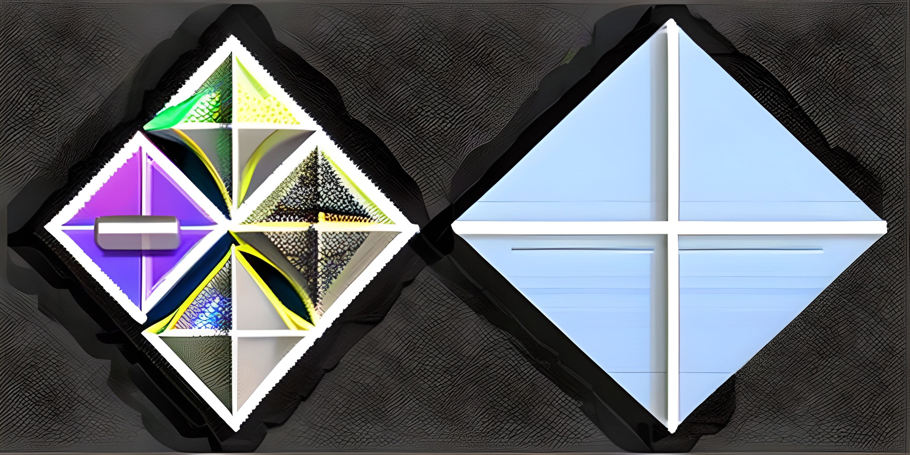 two diamond shaped windows have different colors and patterns on them in the same photo, as well as a blue background