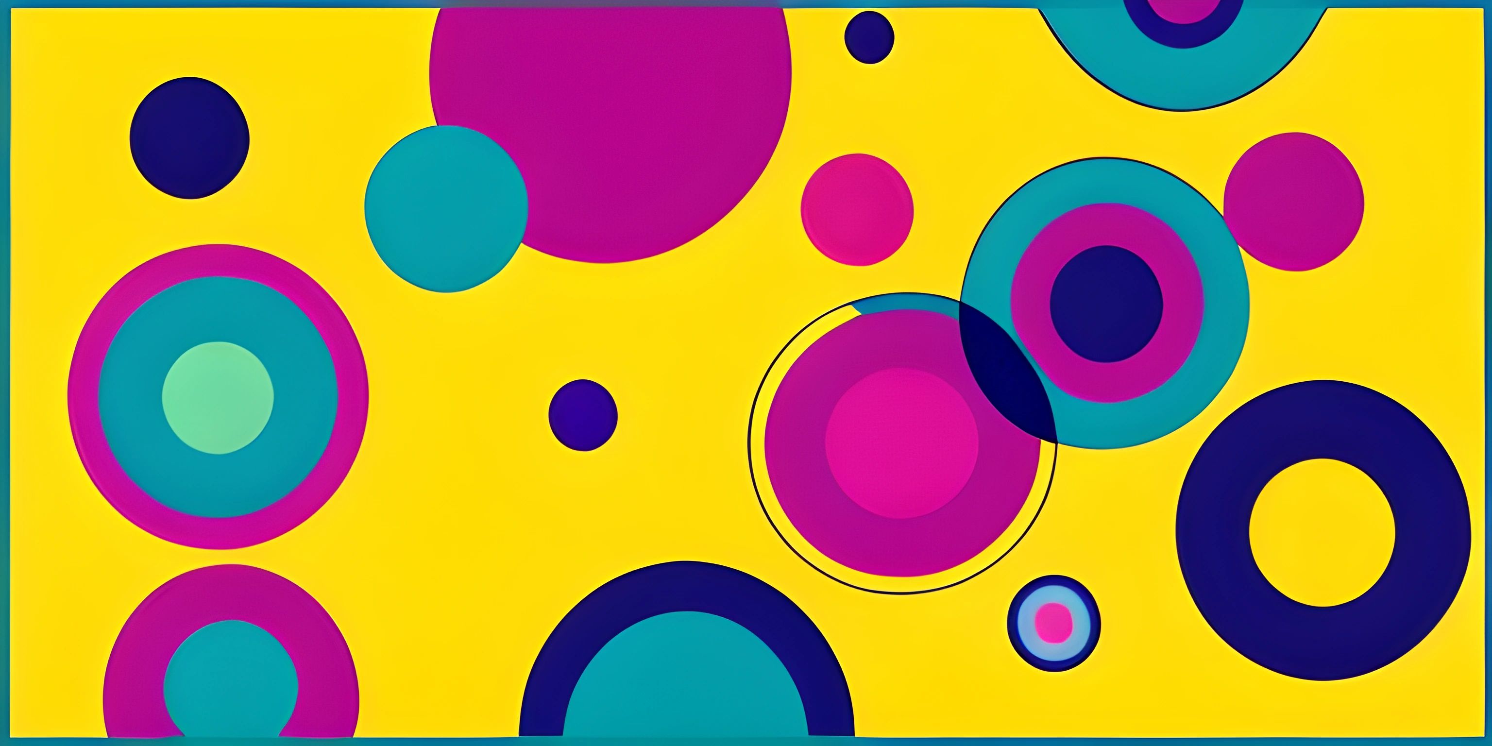 a square with different circles painted in bright blue, pink, and purple on a yellow background