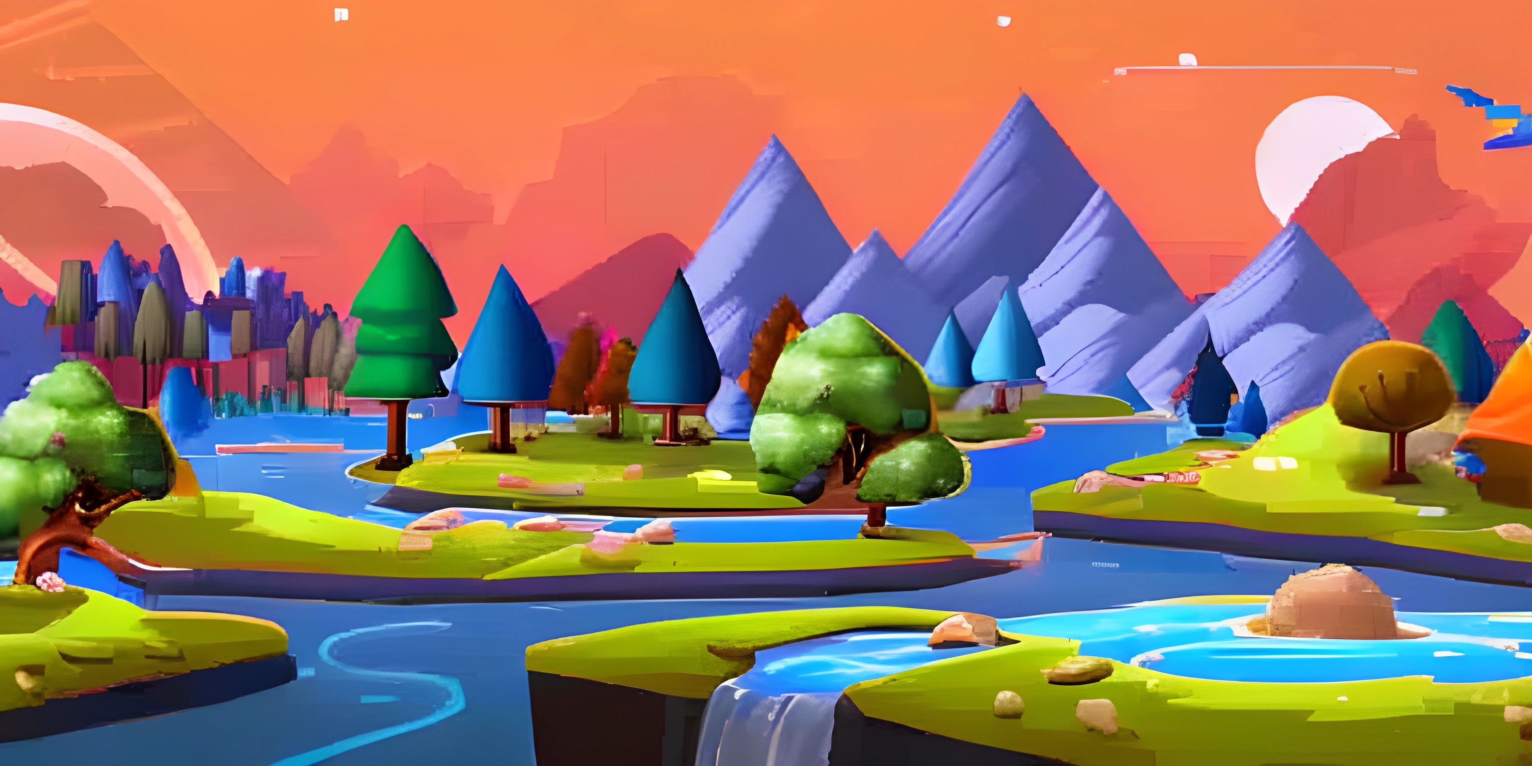 there are a lot of little land in the water and some mountains with trees, rocks, bushes and a bird flying over the lake