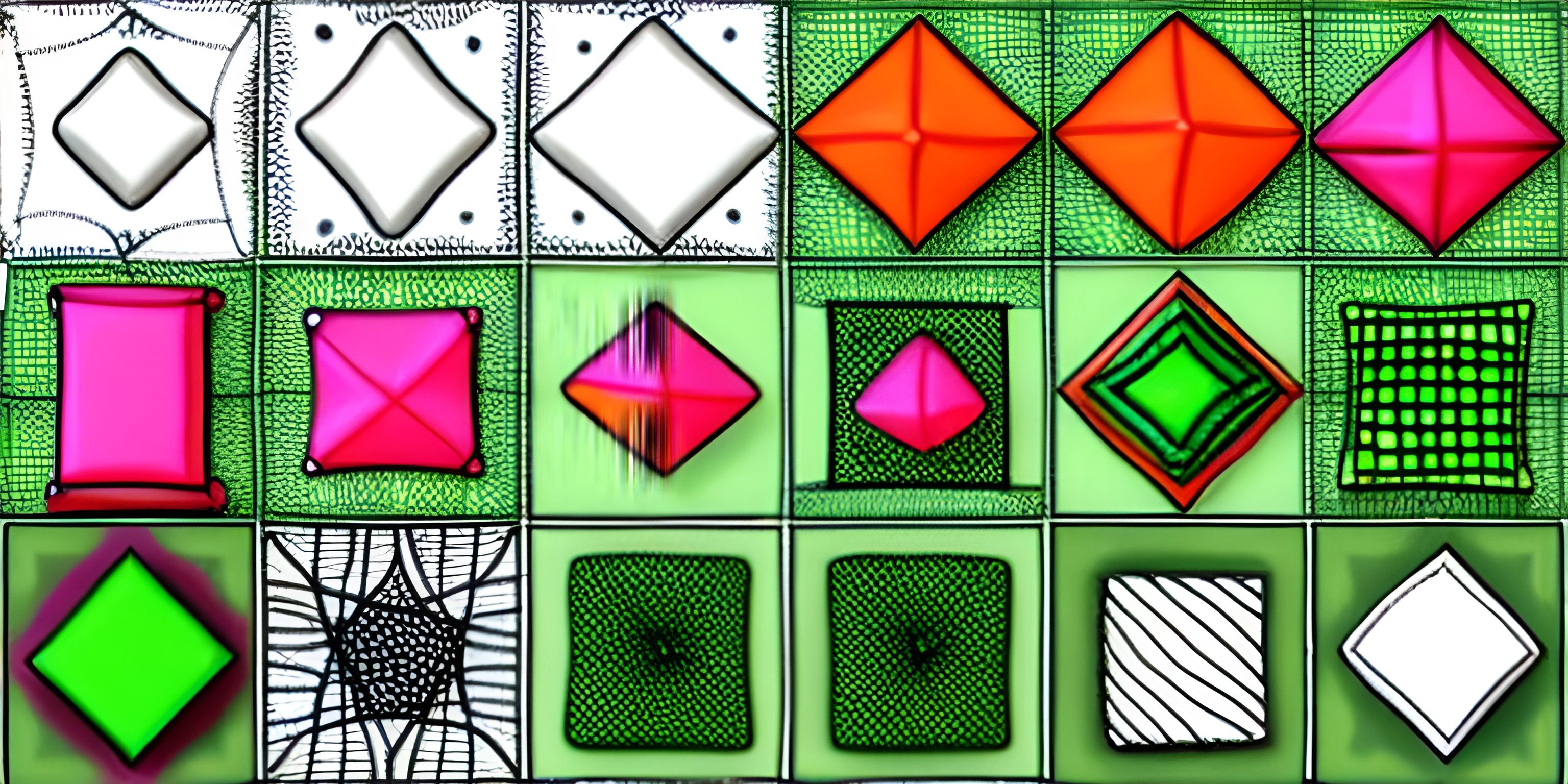 a collection of paper geometrics made with squares and rectangles on green fabric