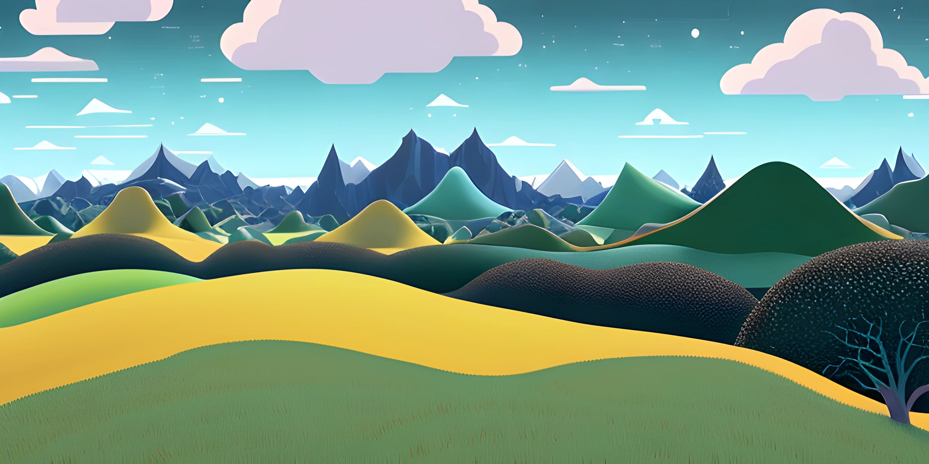 a cartoon picture with a blue sky and mountains in the background in the afternoon light