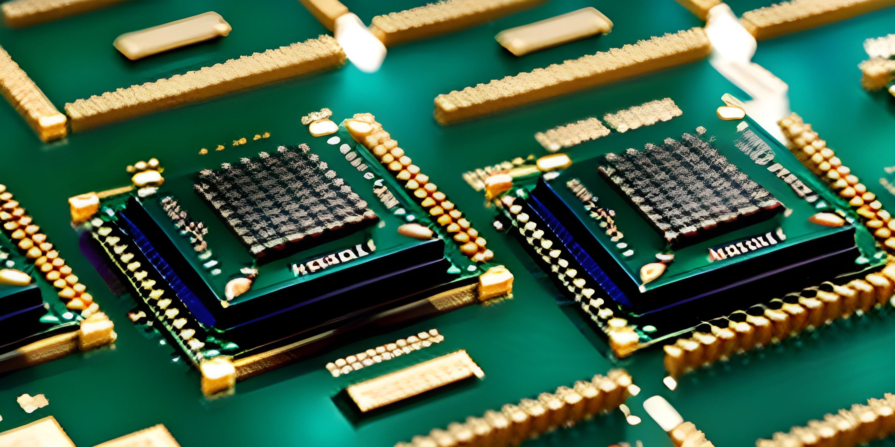 some circuit boards on a green surface in various positions around them, including the processor's and motherboards