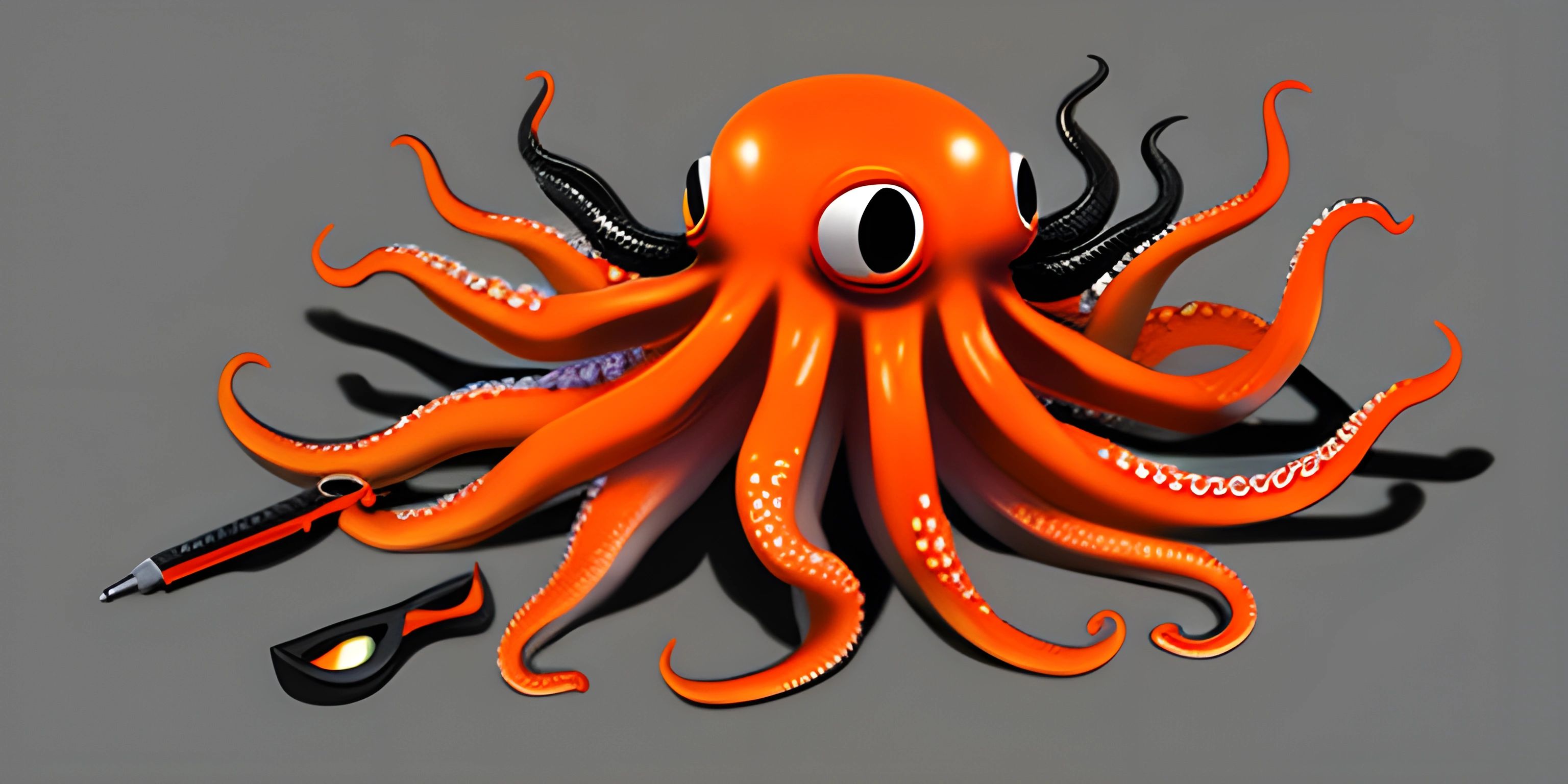 a close up of an orange octopus holding scissors and scissors in his hands on a gray background