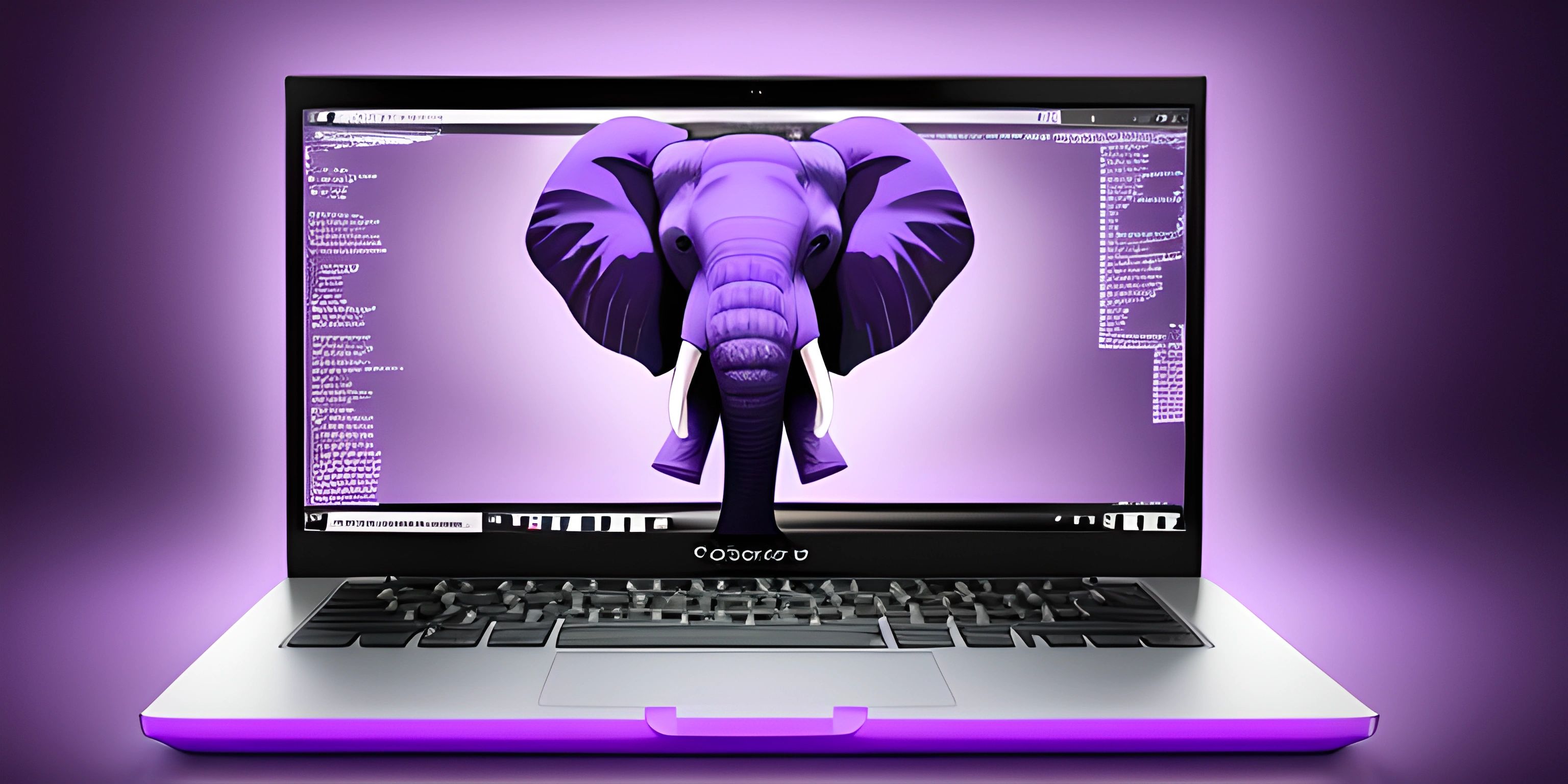 an elephant is standing on the screen of a laptop computer computer, the background is purple