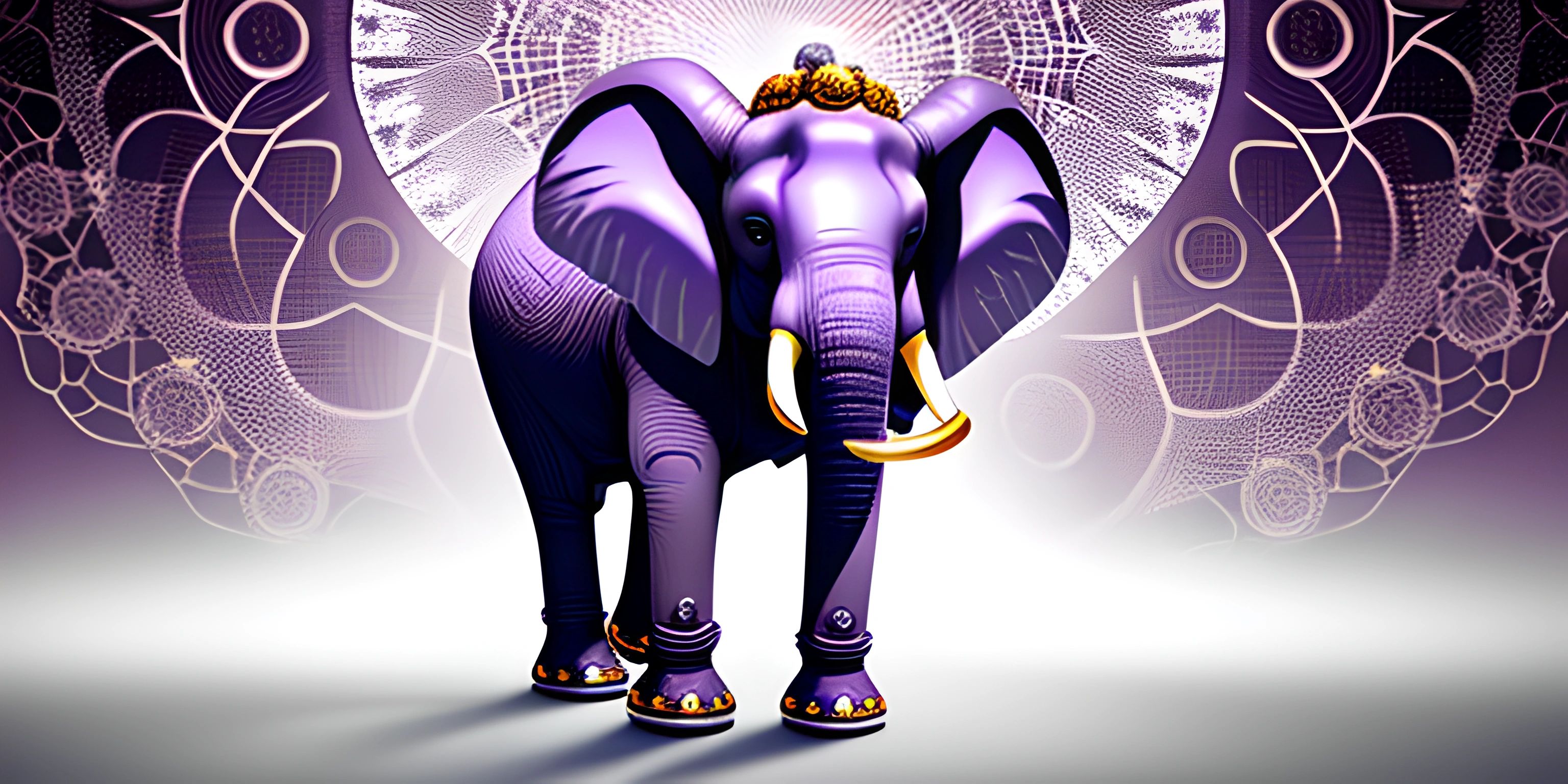 a purple elephant in front of a background of white flowers and stars and an orange tusk