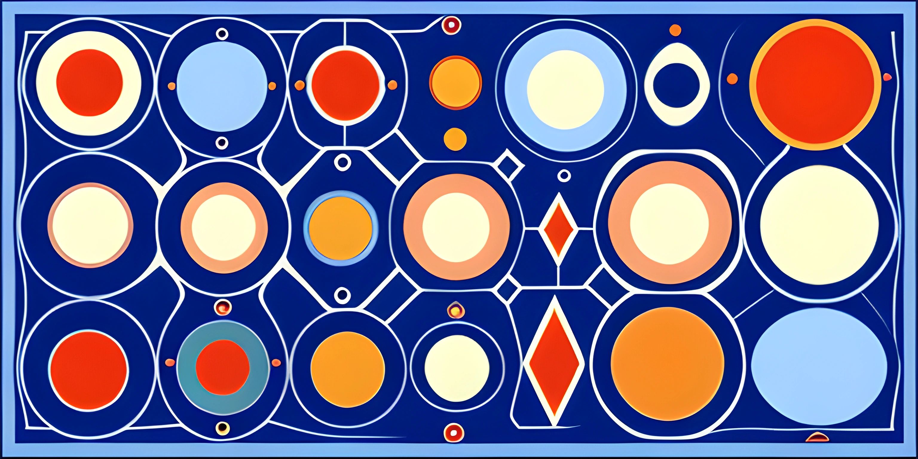 a painting with a blue background that features large and small circles on it and a dark red area