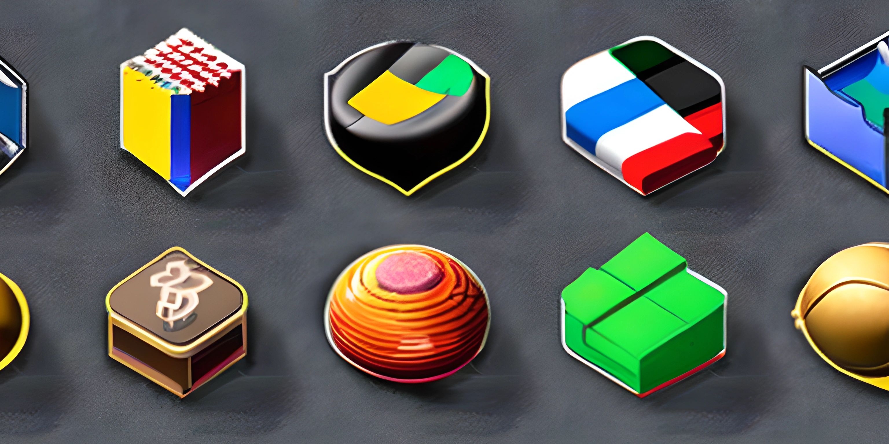 this is some icons on a table on a black surface that includes various colorful shapes