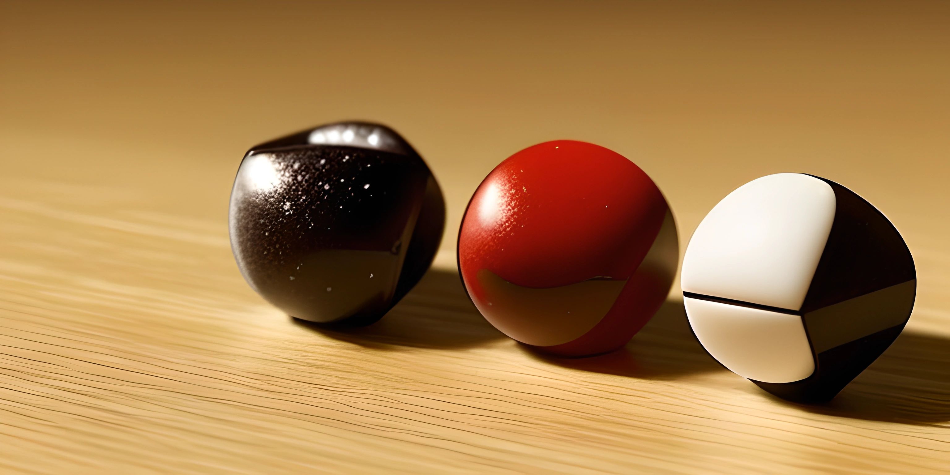 three eggs sitting next to each other on a wooden surface, one is red and the other is black and white