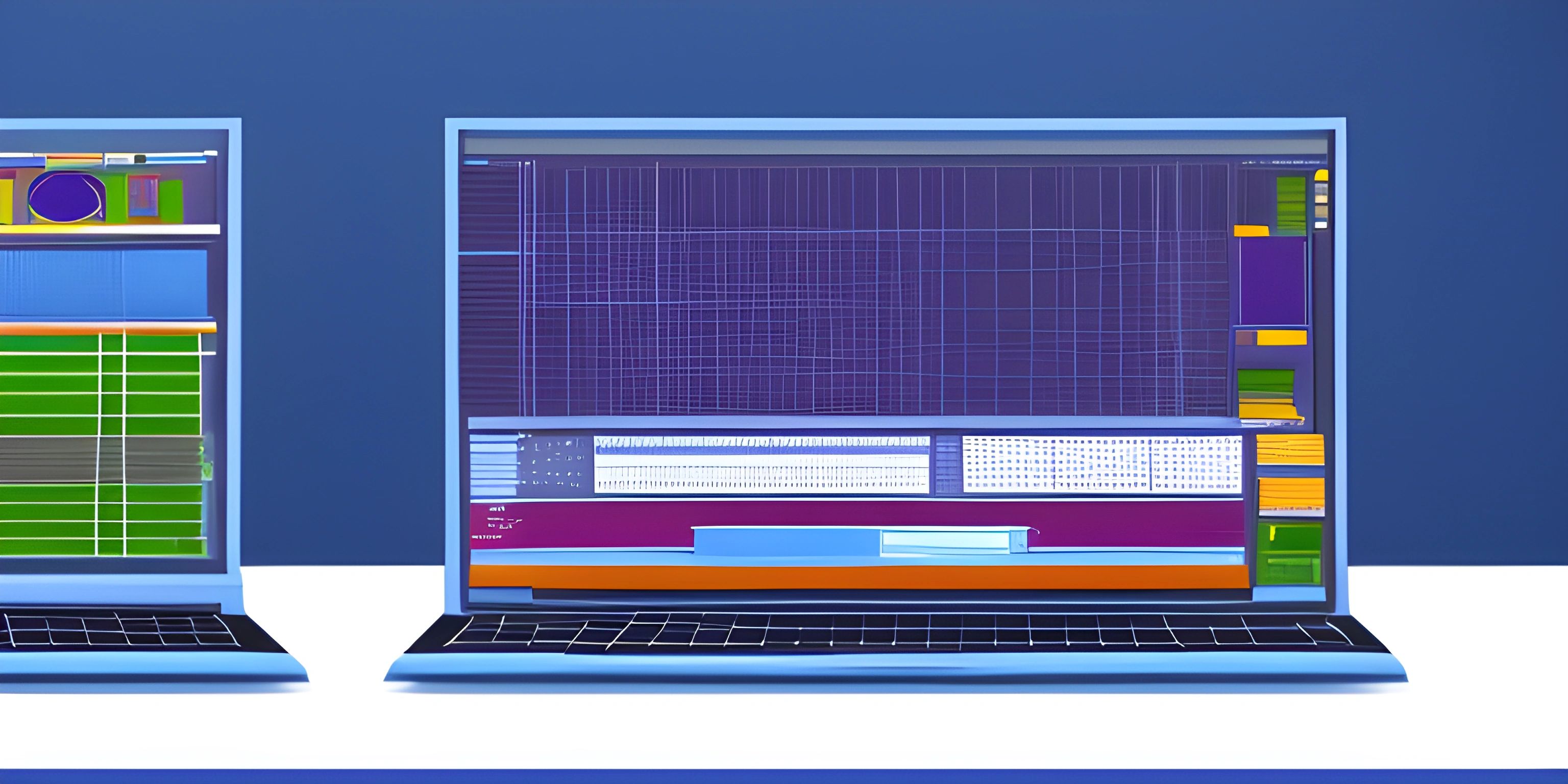 a pair of laptops sitting side by side with screen showing different colored options of their screens