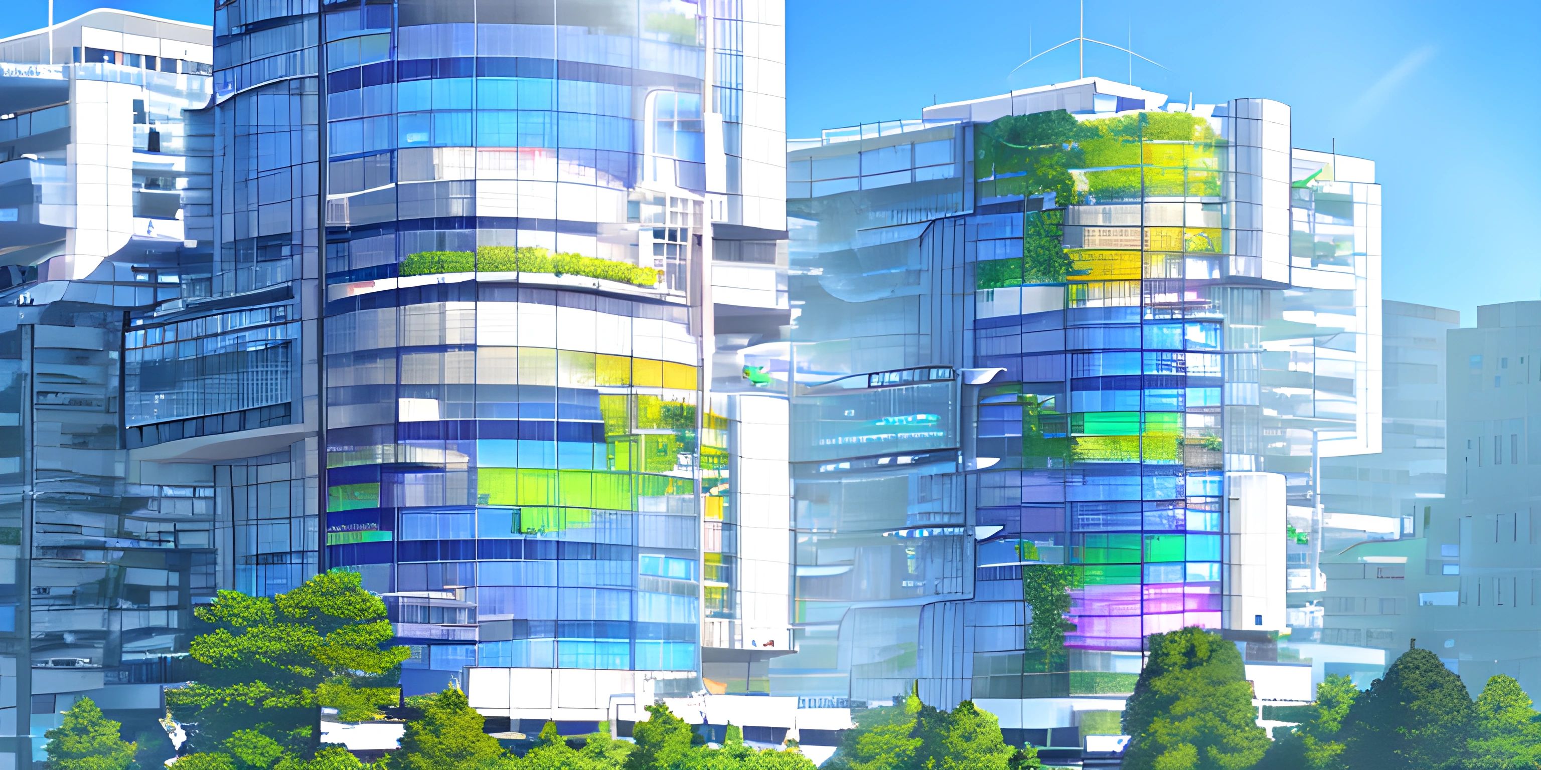 the city building has colorful windows on all of it's sides, all of which are filled with people