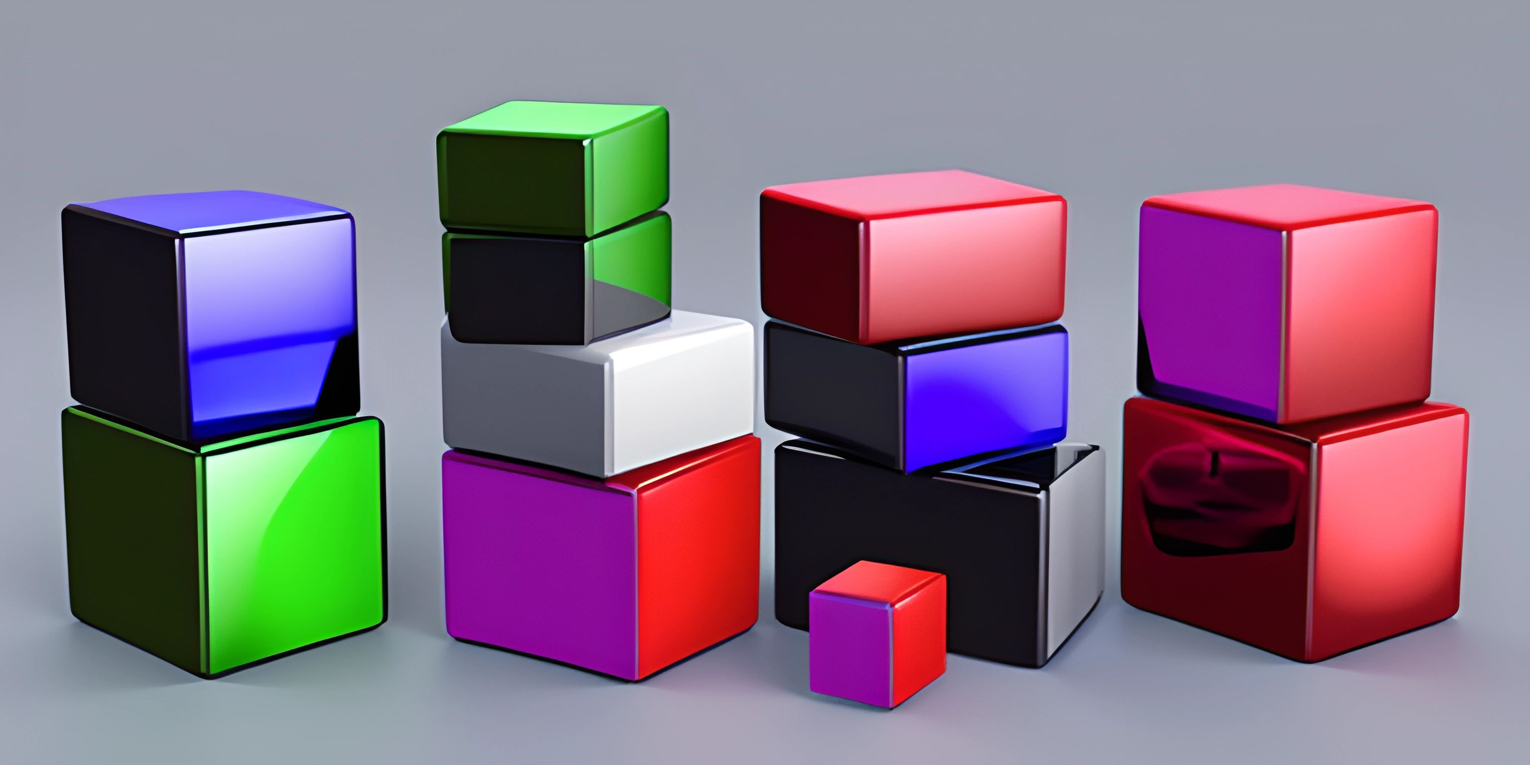 colorful and black 3d - printed cubes and a black and blue one on top of each