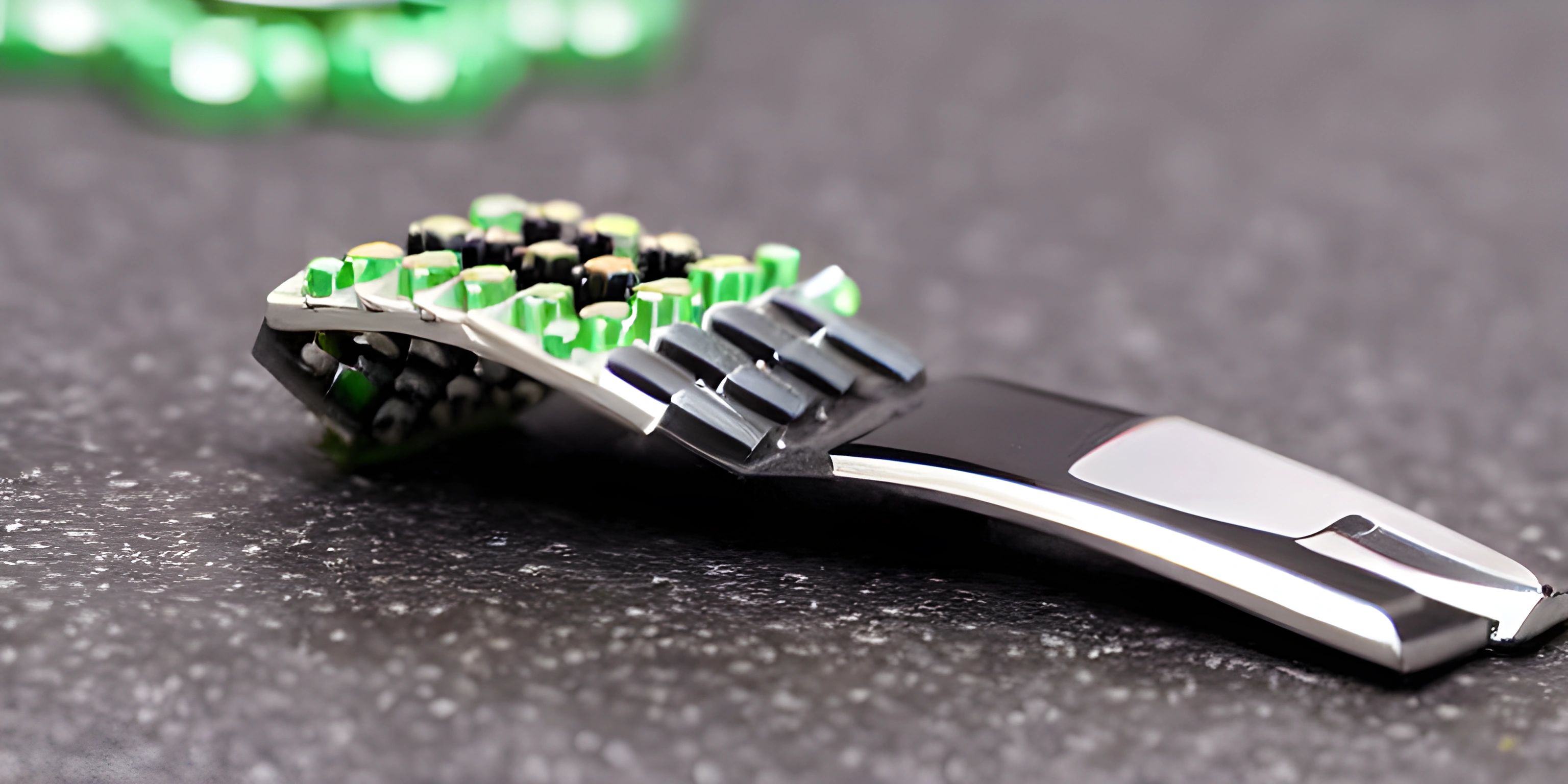 a metal knife with a green band around it on a table top with a small bottle of lime