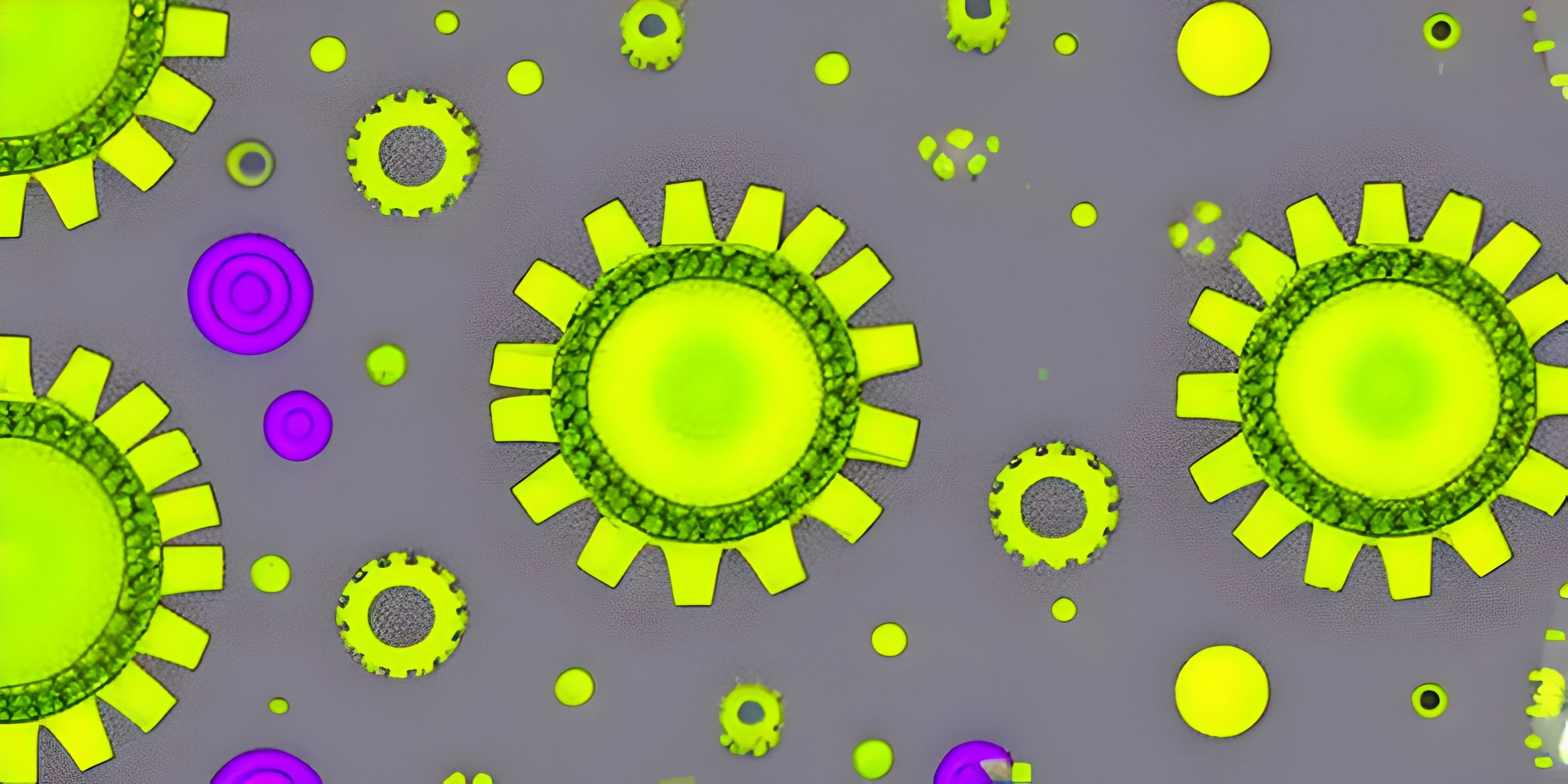 green and purple corona gears are seen with some circles around them in this seamless video
