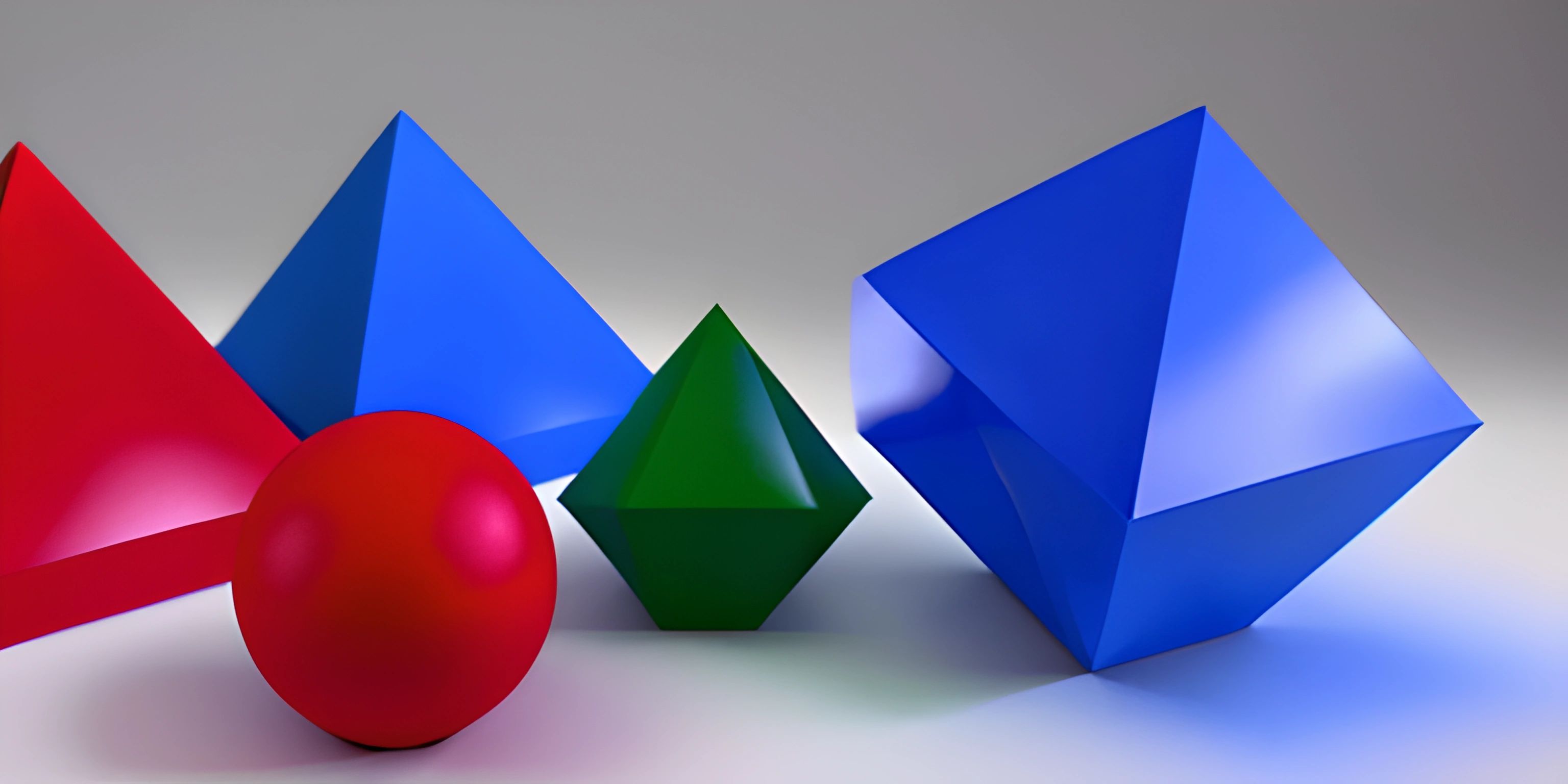 two pyramids are standing beside a red sphere and blue pentagons on a grey background