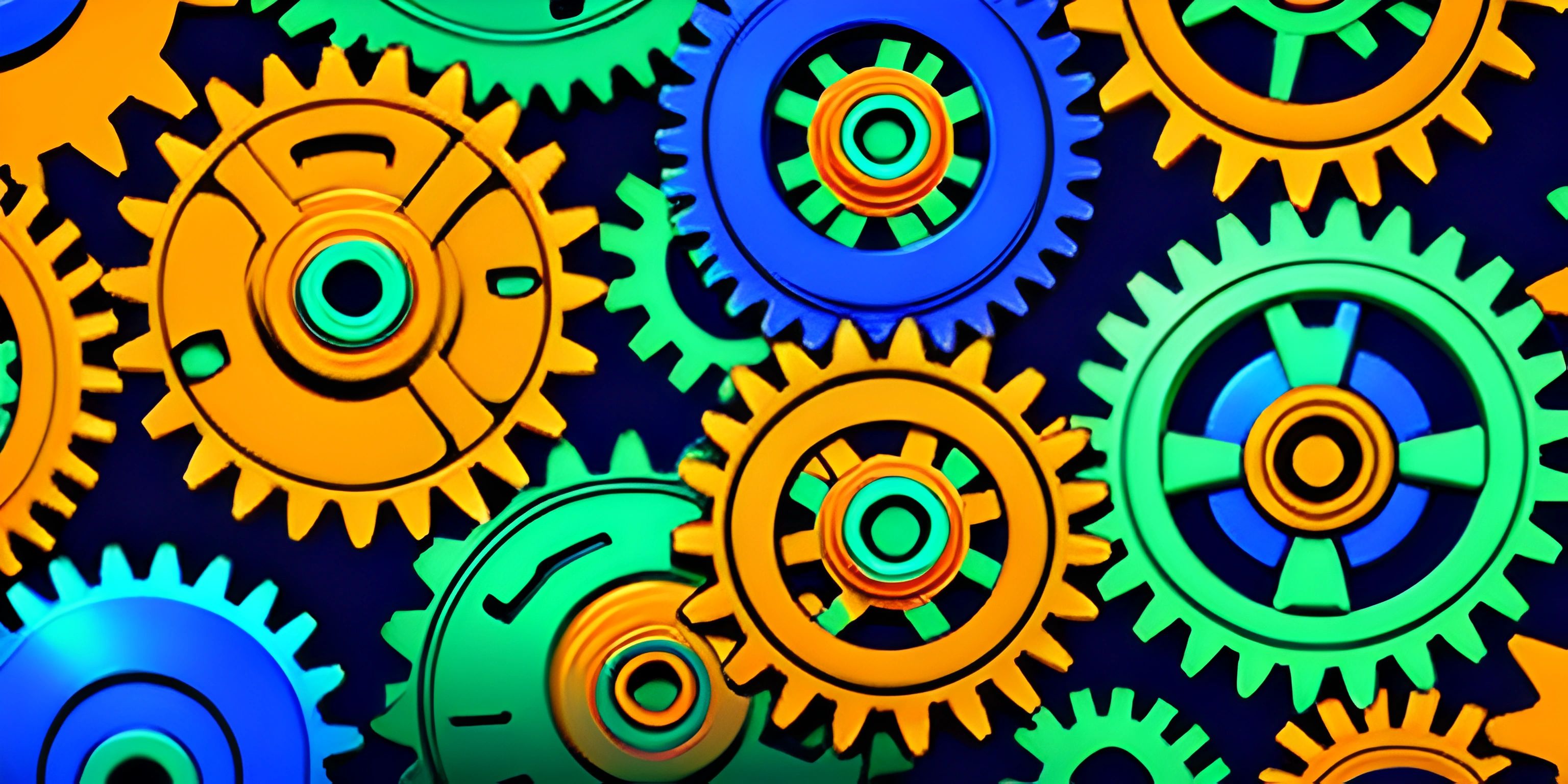 colorful gears are stacked up together on the wall next to a red and yellow piece