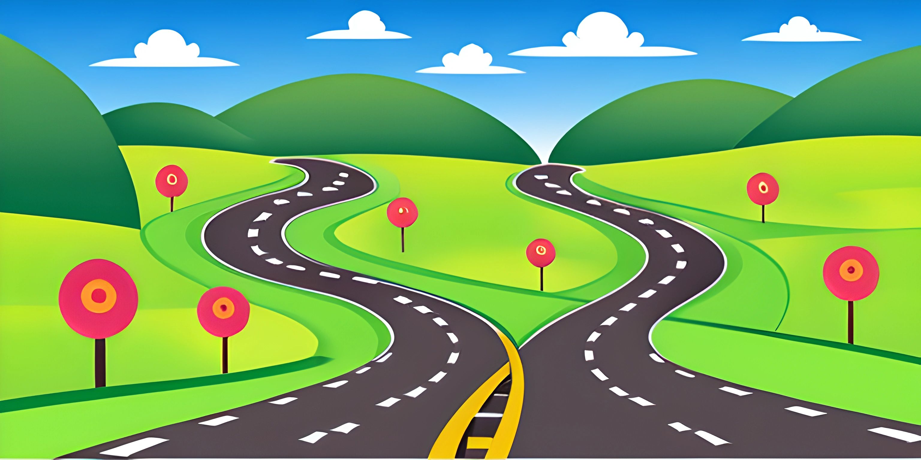 a cartoon scene of a winding road with traffic signs and trees on each side of it