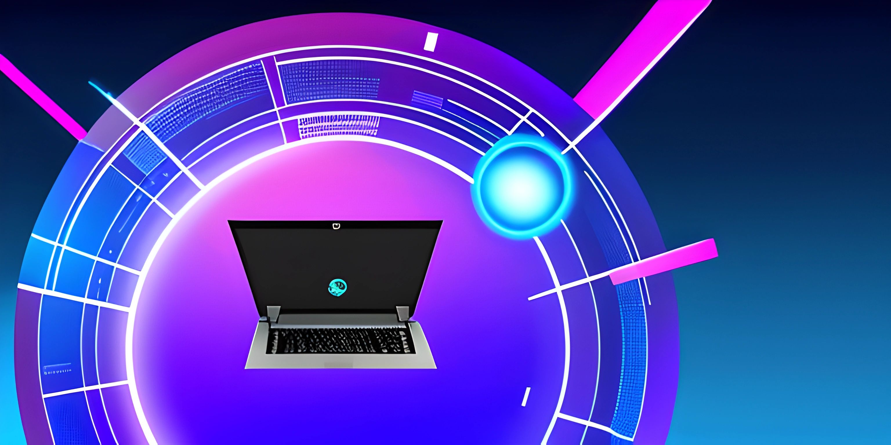 a laptop with a green button sitting in a pink circle on a blue surface in the background