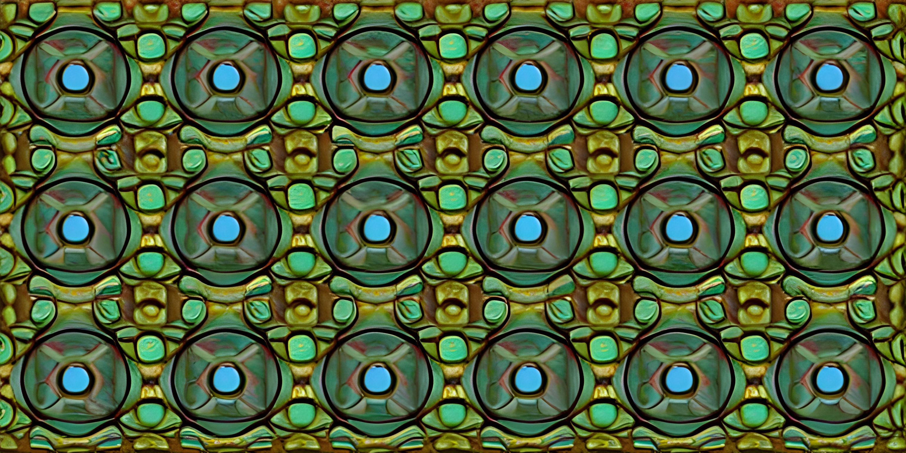 a green and brown pattern made up of circles and dots with small oval holes on them