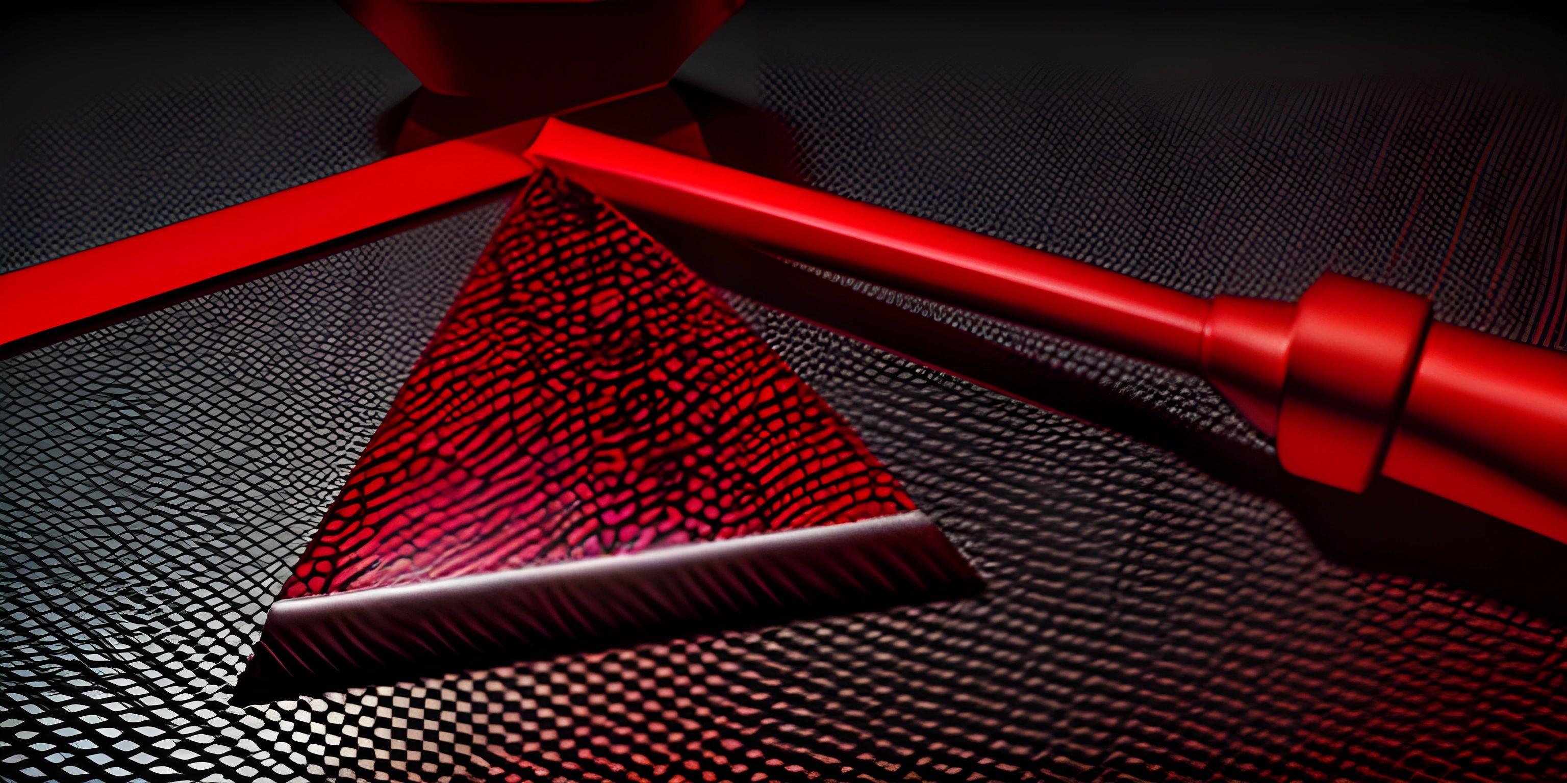 red tie sits on top of a black surface with a red handle next to it