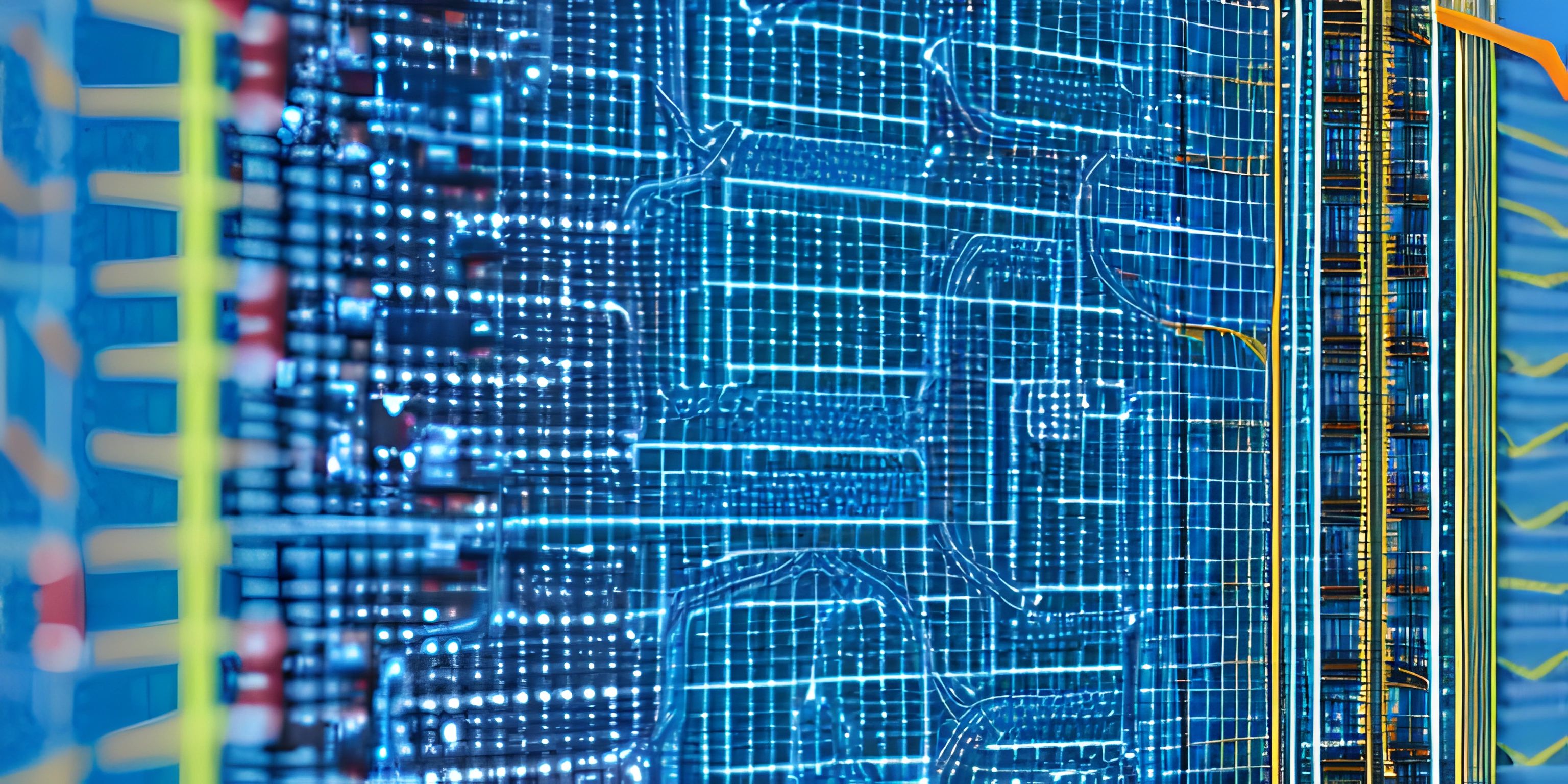 a view from behind the glass looking up into a computer tower that is covered with multiple computers