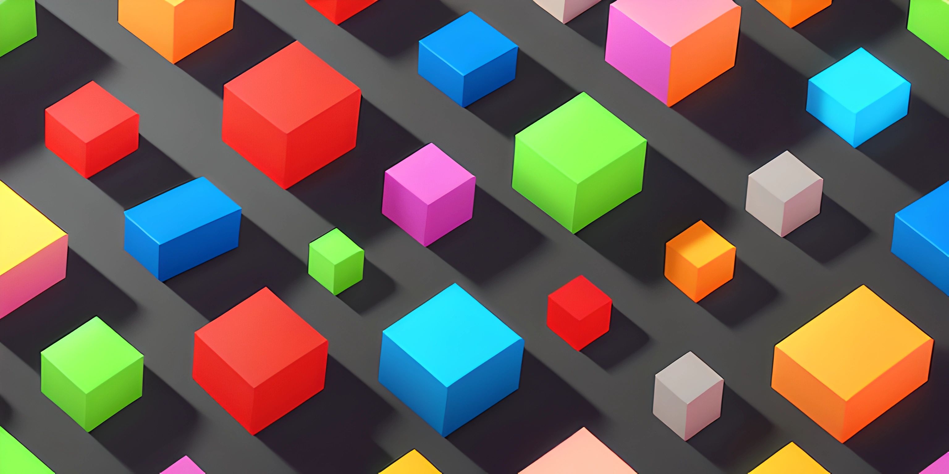 many different colored cubes sit in an artistic pattern on a black surface, with one missing the top