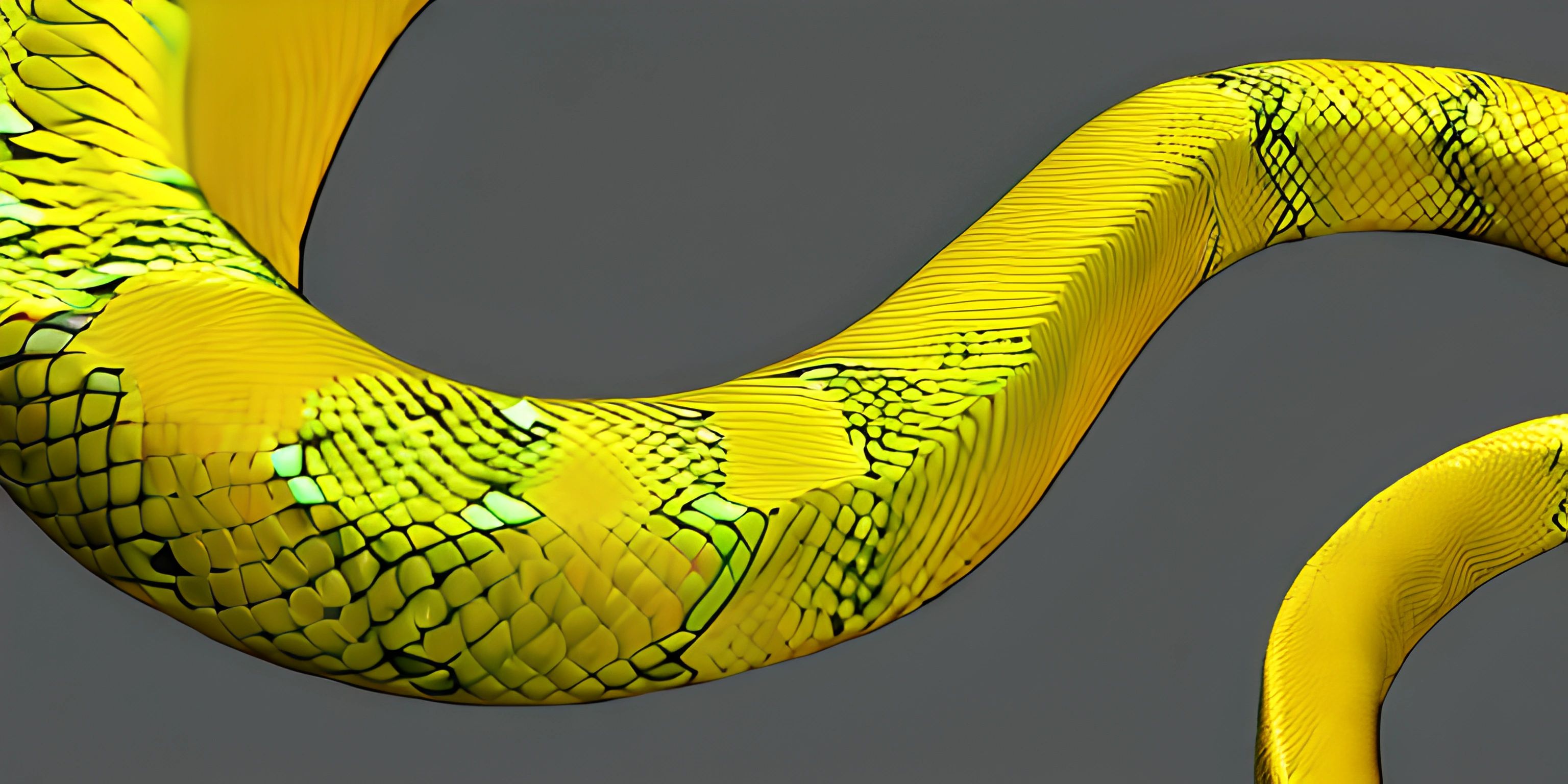 the snake is eating it's tail in front of the dark grey background and to the left are two large yellow snakes