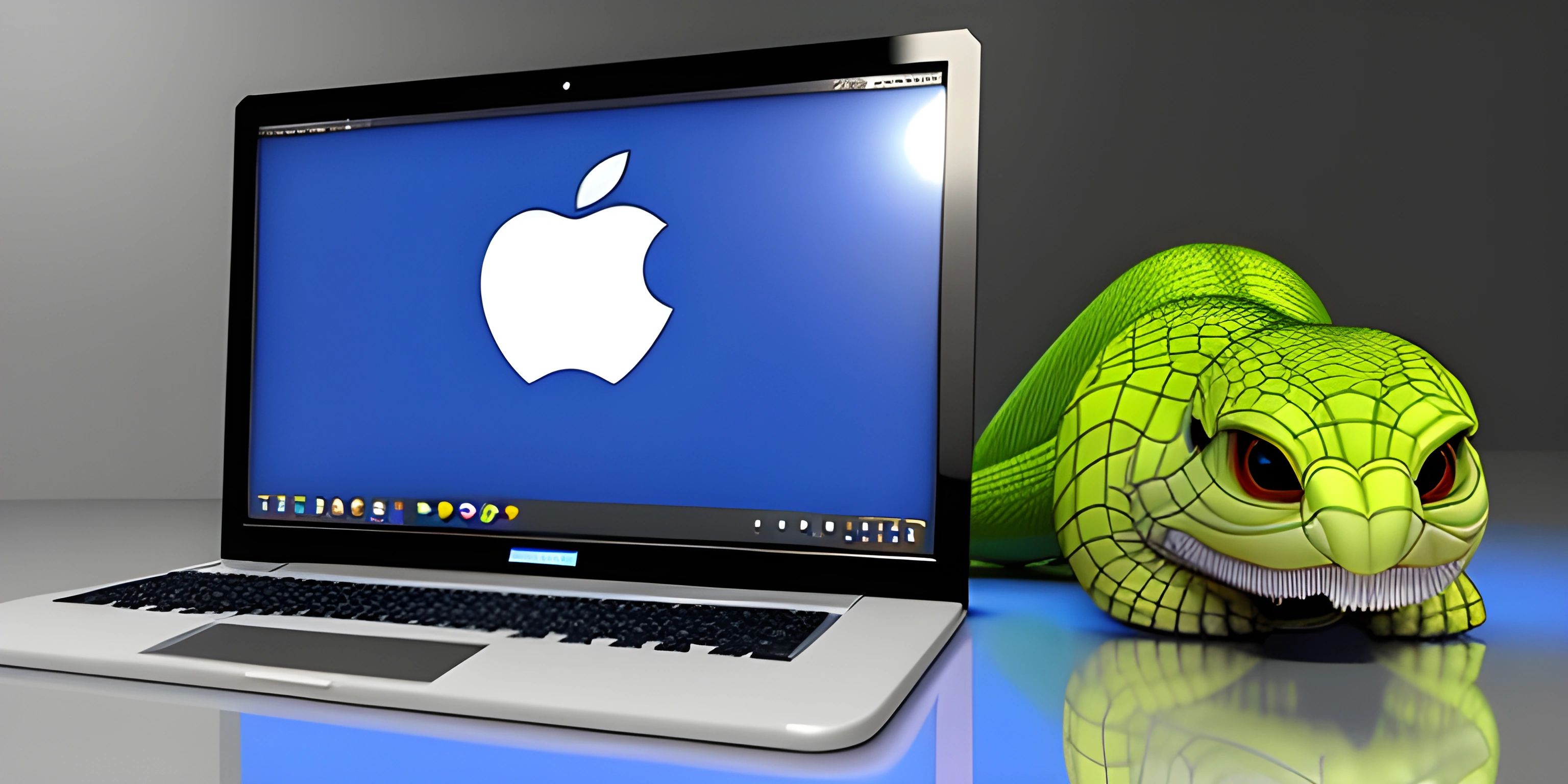 a lizard that is sitting next to a laptop computer and a mouse character on a blue background