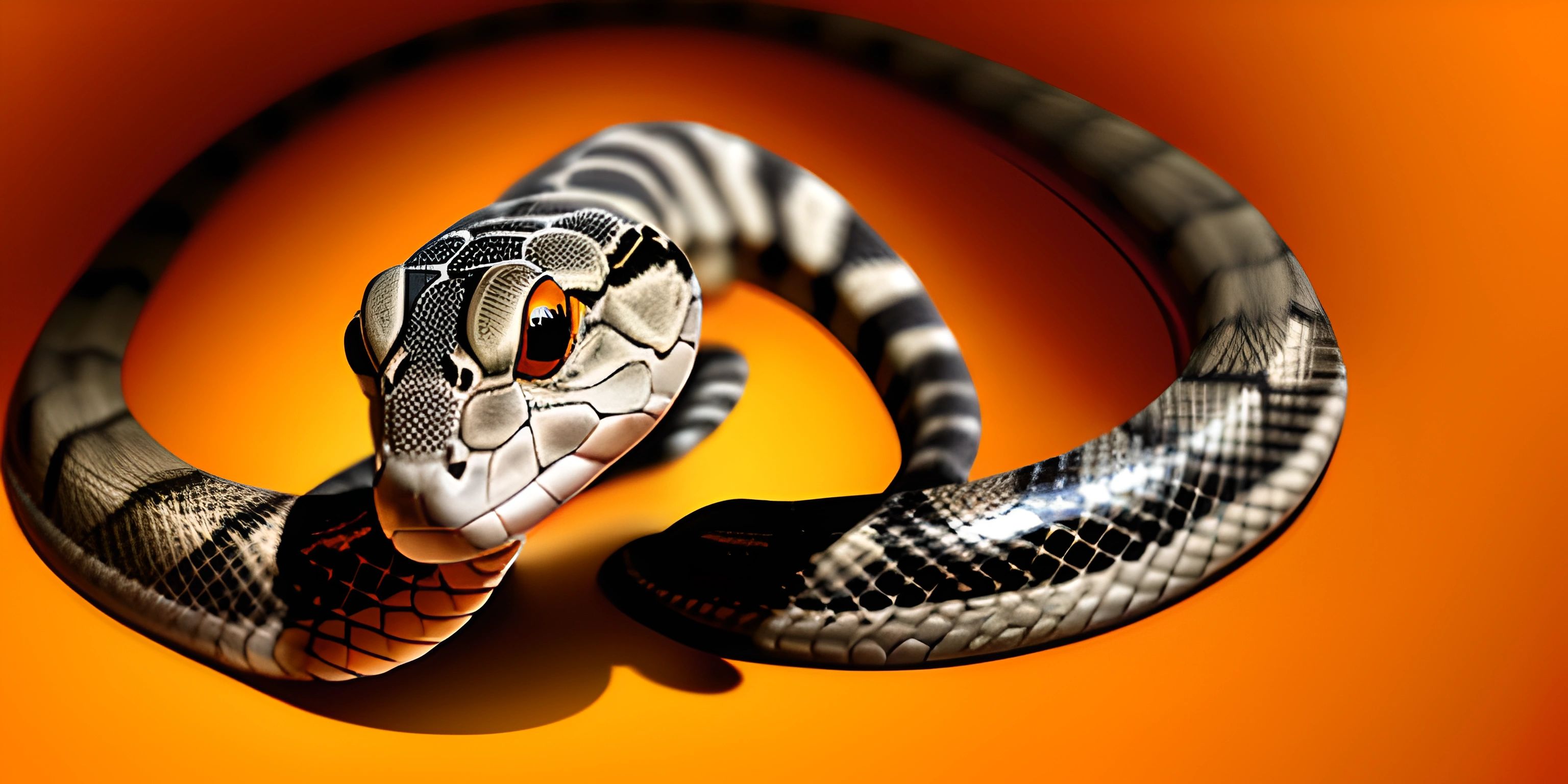 a snake's head sticking its tongue out from the middle of a black and white snake