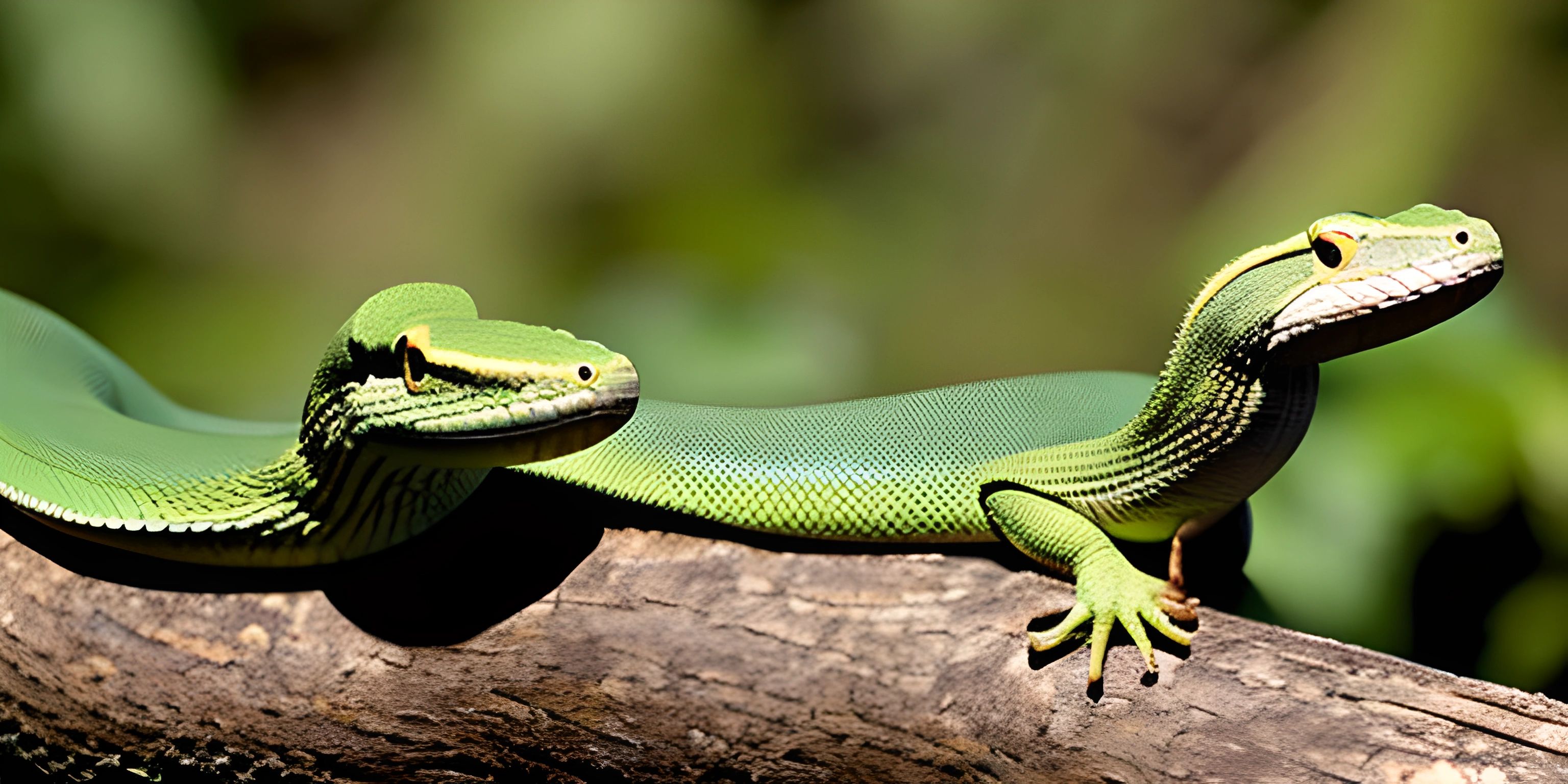 the green snake is resting on the twig on the branch of the tree branch