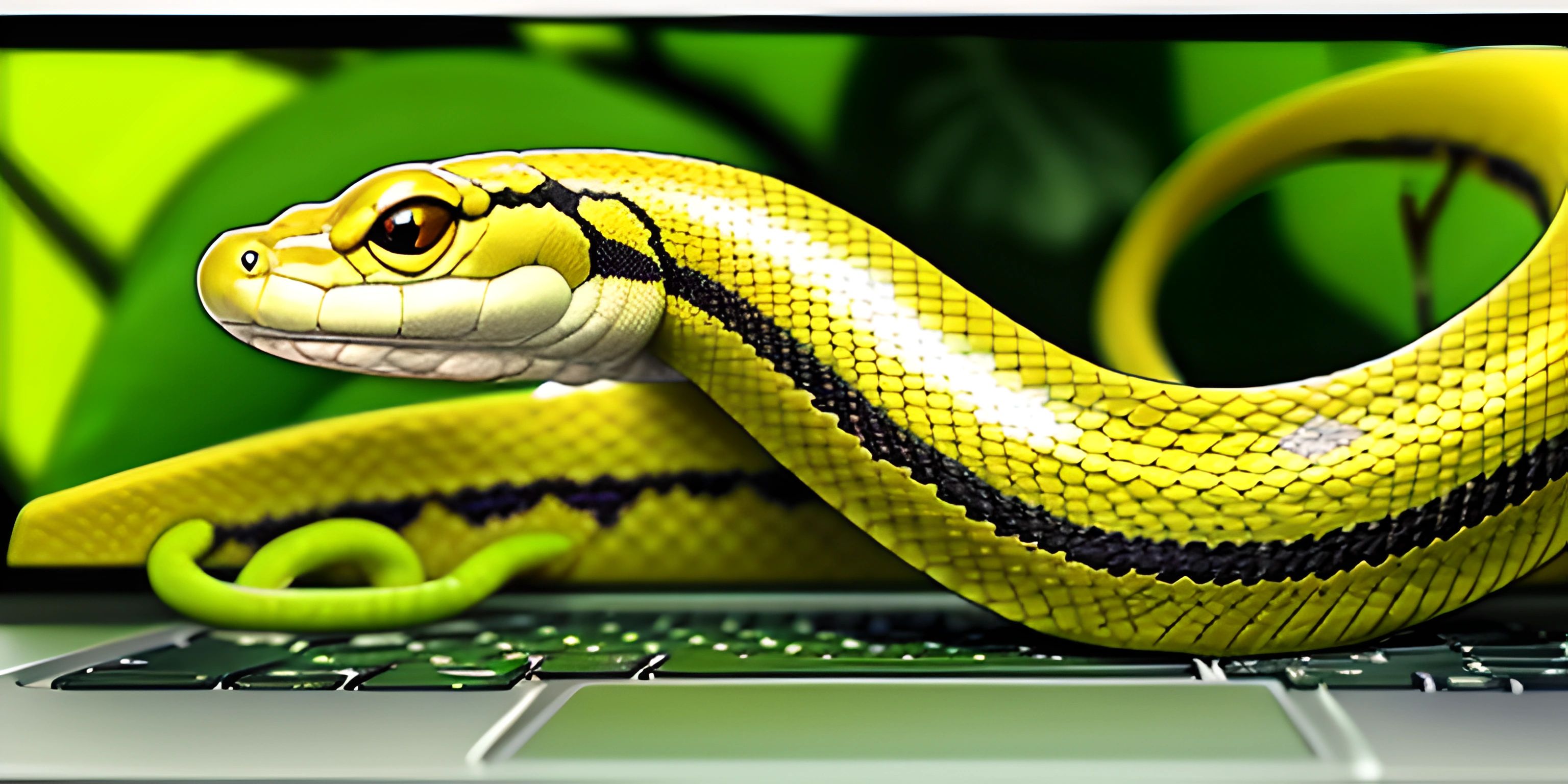 a green snake on a computer screen next to a keyboard and mouse pad and two hands
