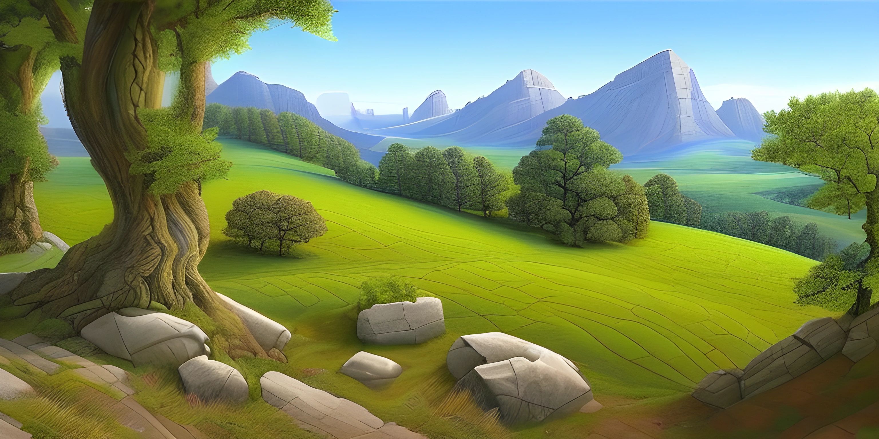 a digital painting of trees and grass on a hilly landscape that includes mountains, rocks and trees