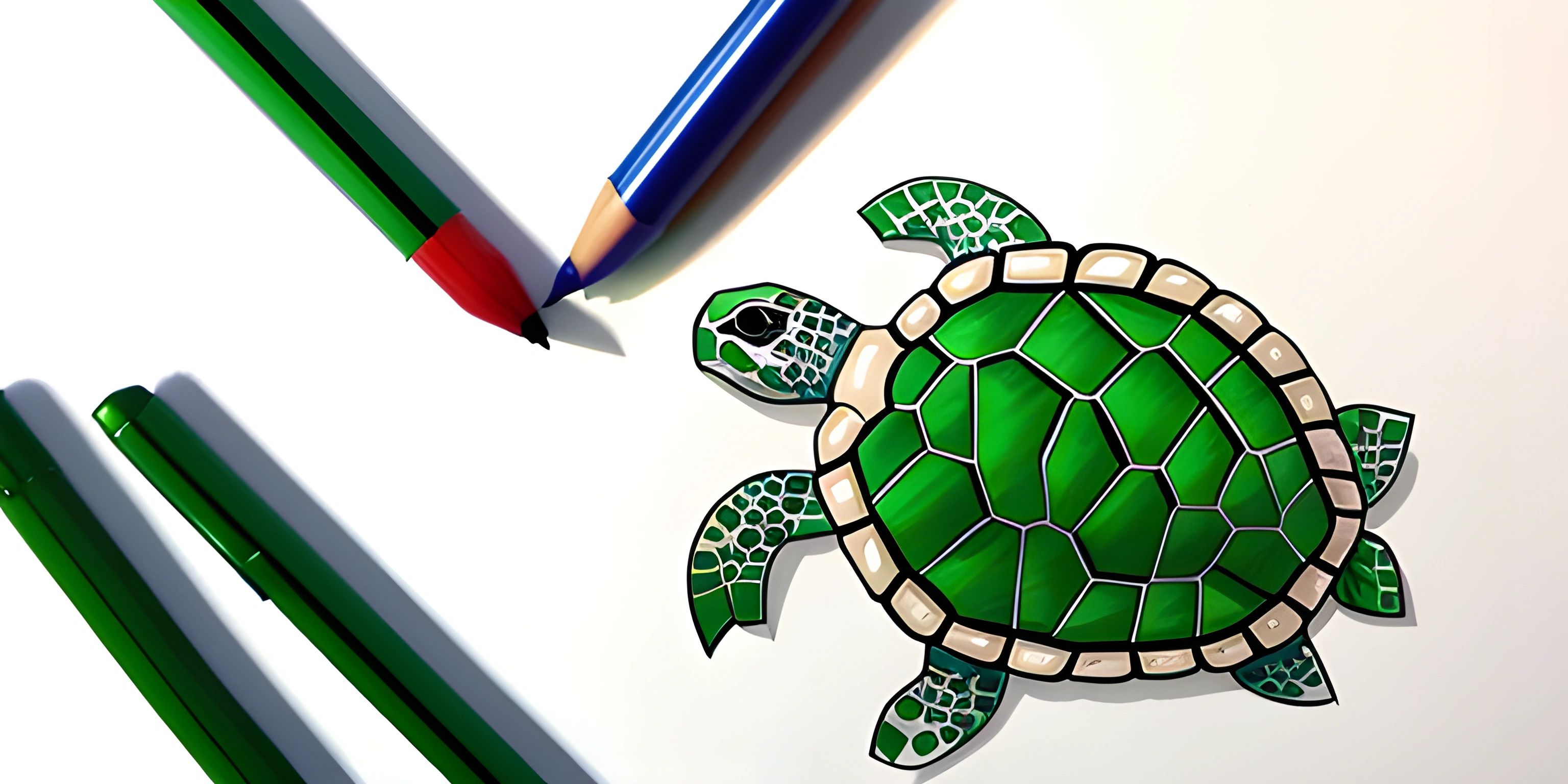 a green turtle drawn on paper next to pencils and markers on the table and wall