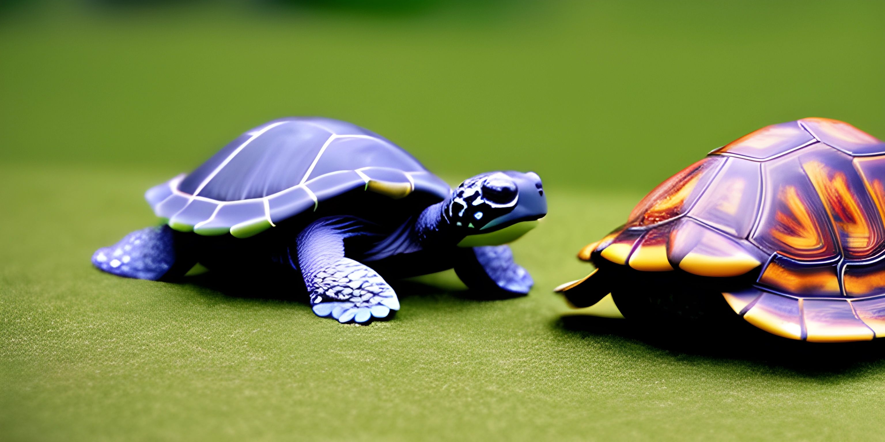 two miniature figurines of turtles sitting on top of each other in the grass