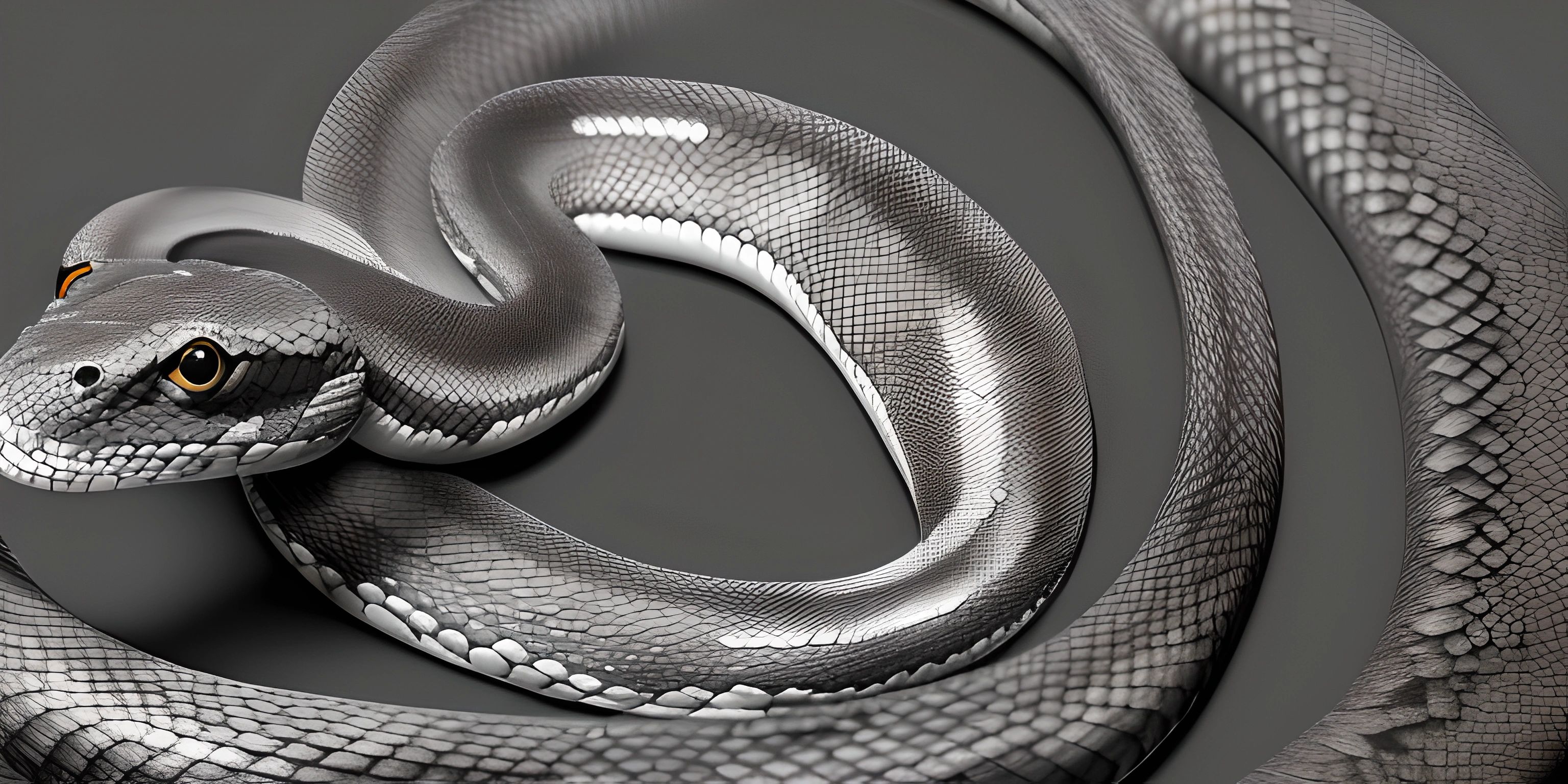 a large snake sitting on top of a gray surface in a circle shape, the eyes are open