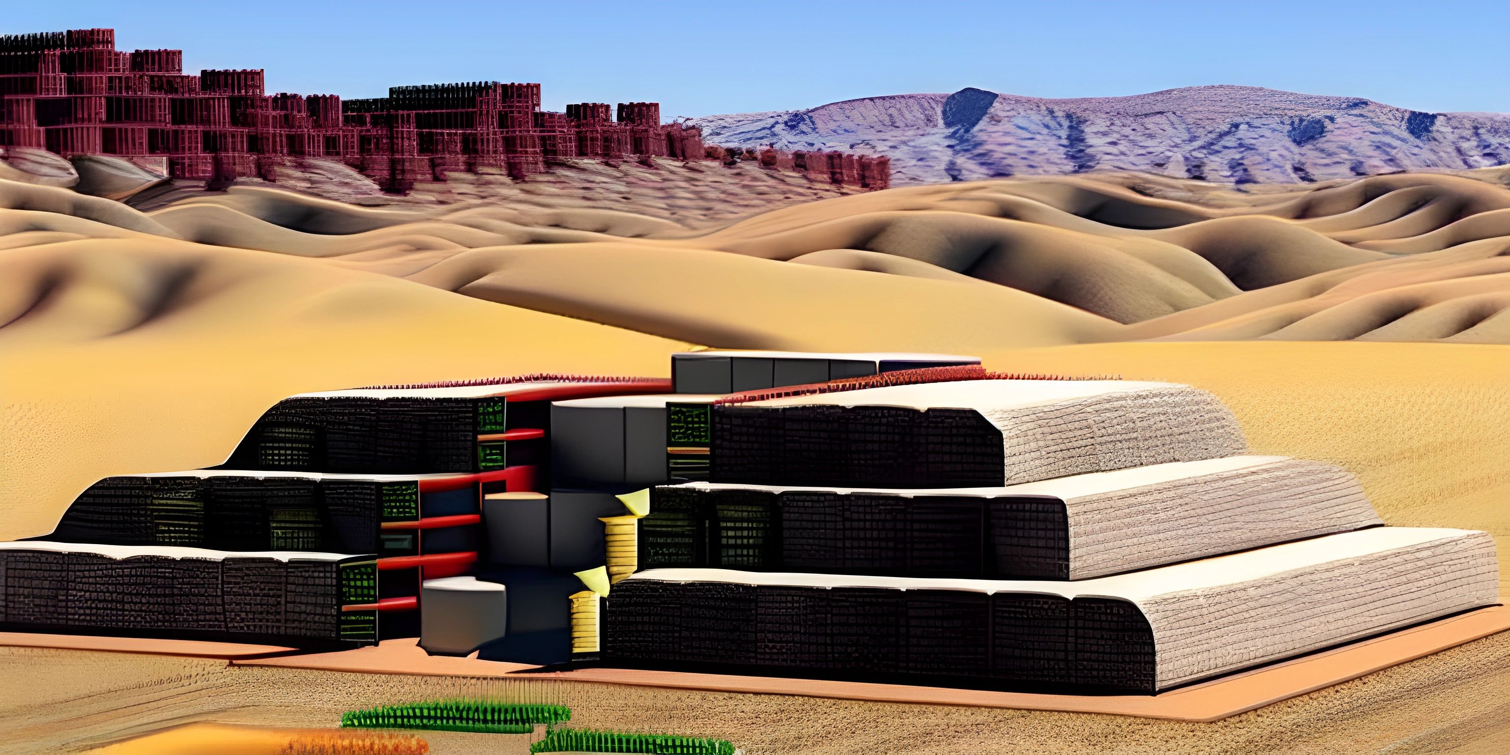 a drawing of several stacks of cardboard in a desert area with hills, and some plants