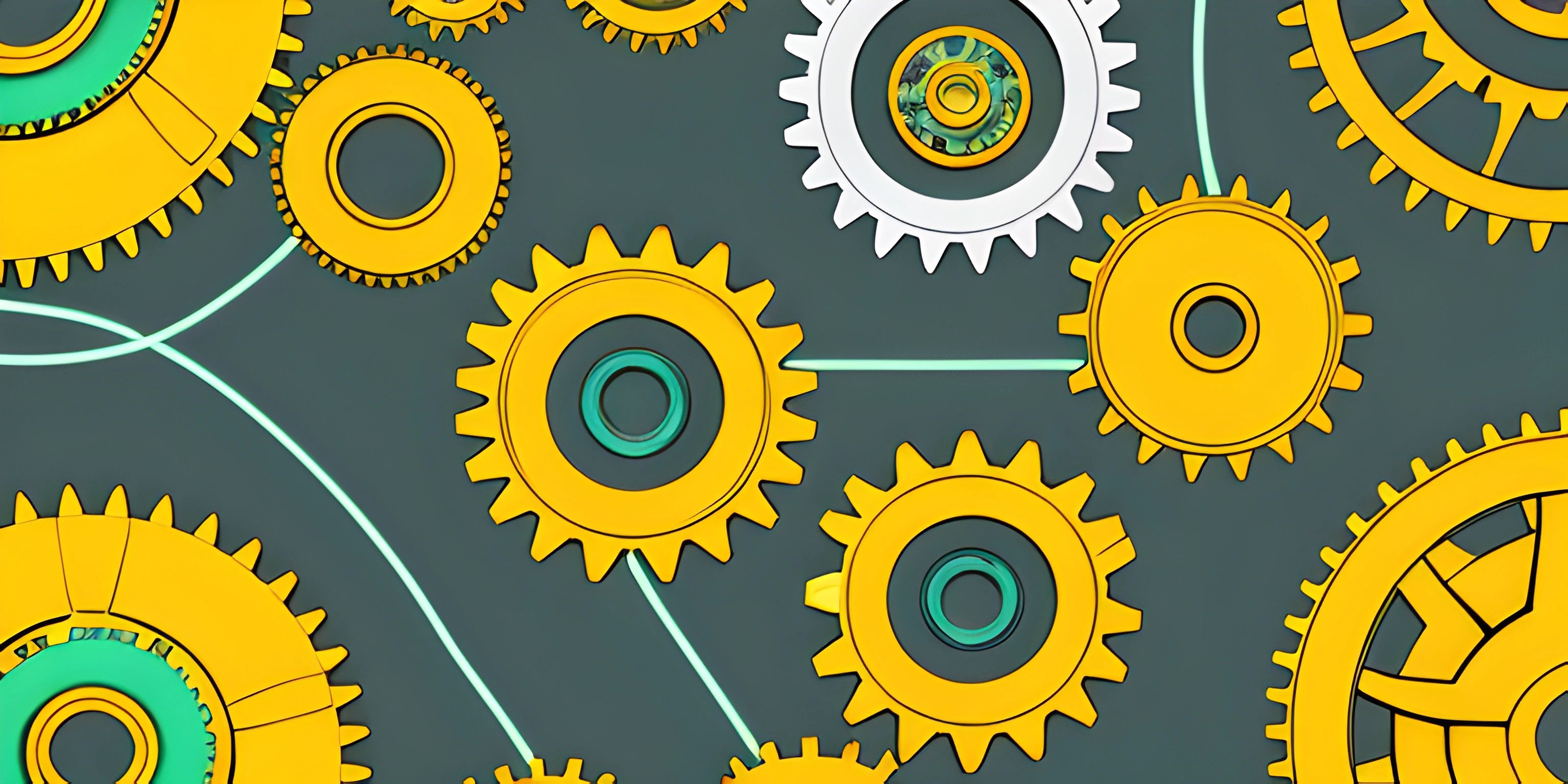 3d gears with green and yellow accents on a blue surface, and one has a green ring