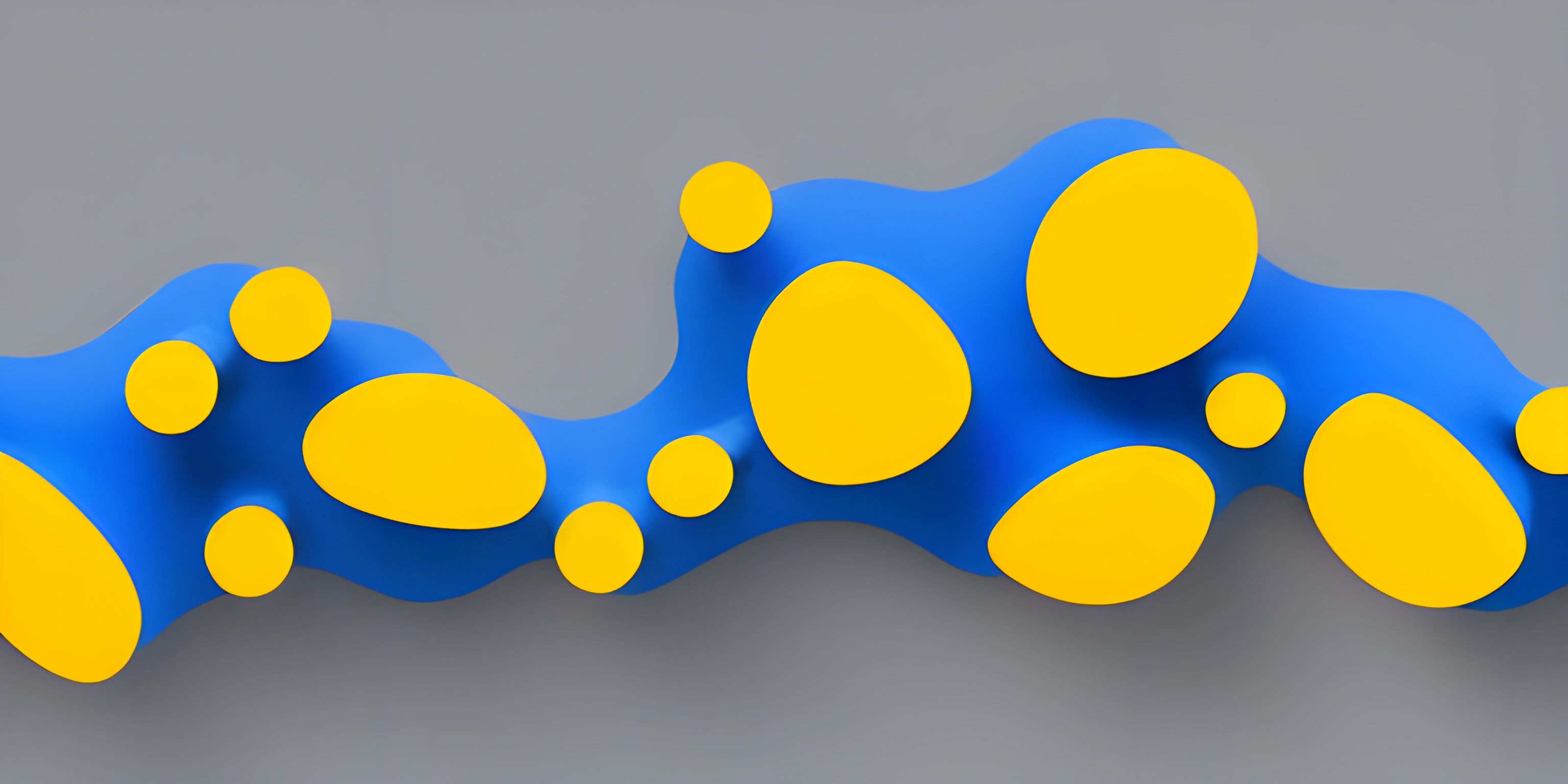 several yellow and blue shapes and dots flying around them on a gray background, including the dots coming out of each other,