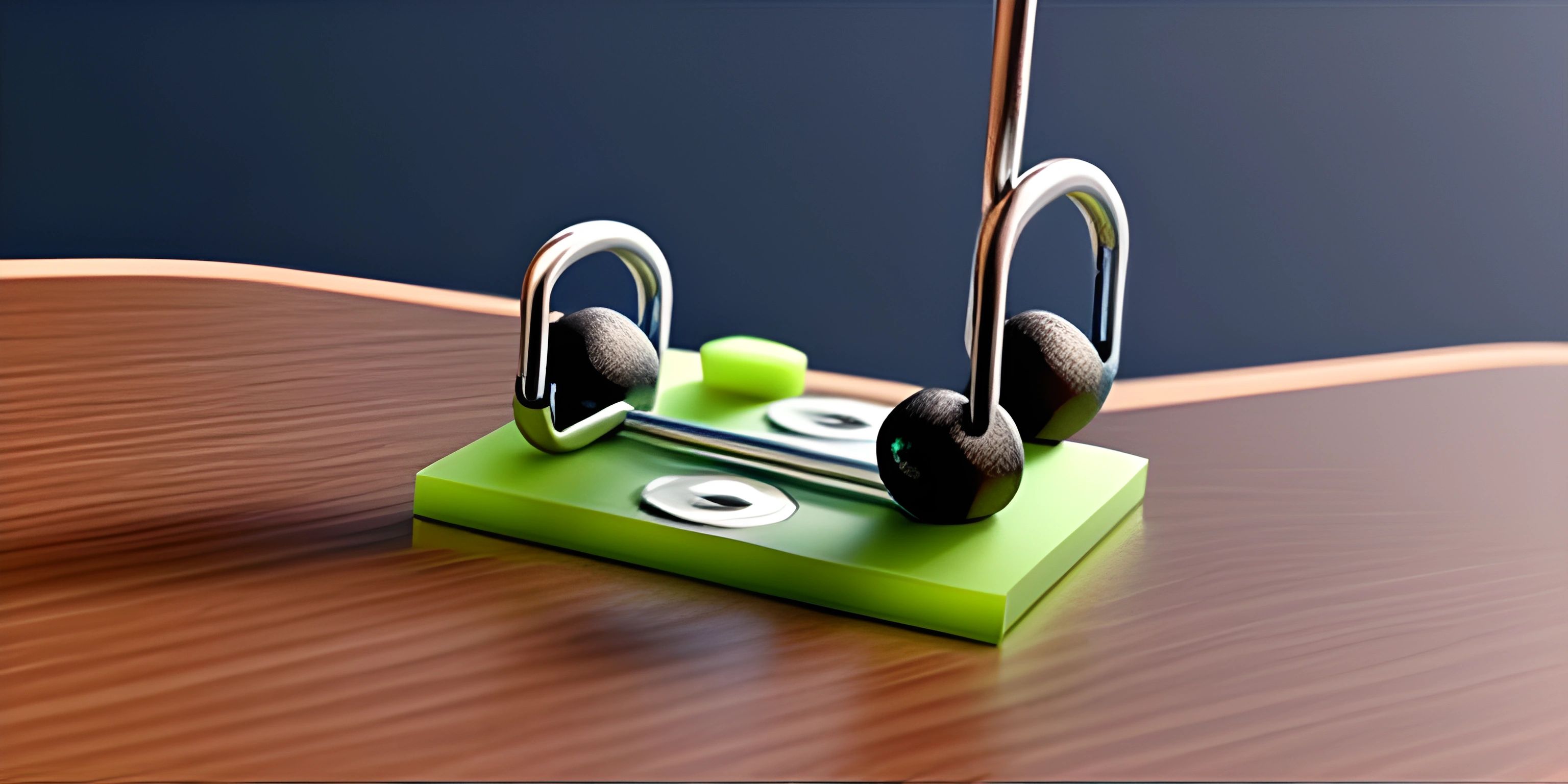 headphones that are sitting on top of a table on a desk in an office setting