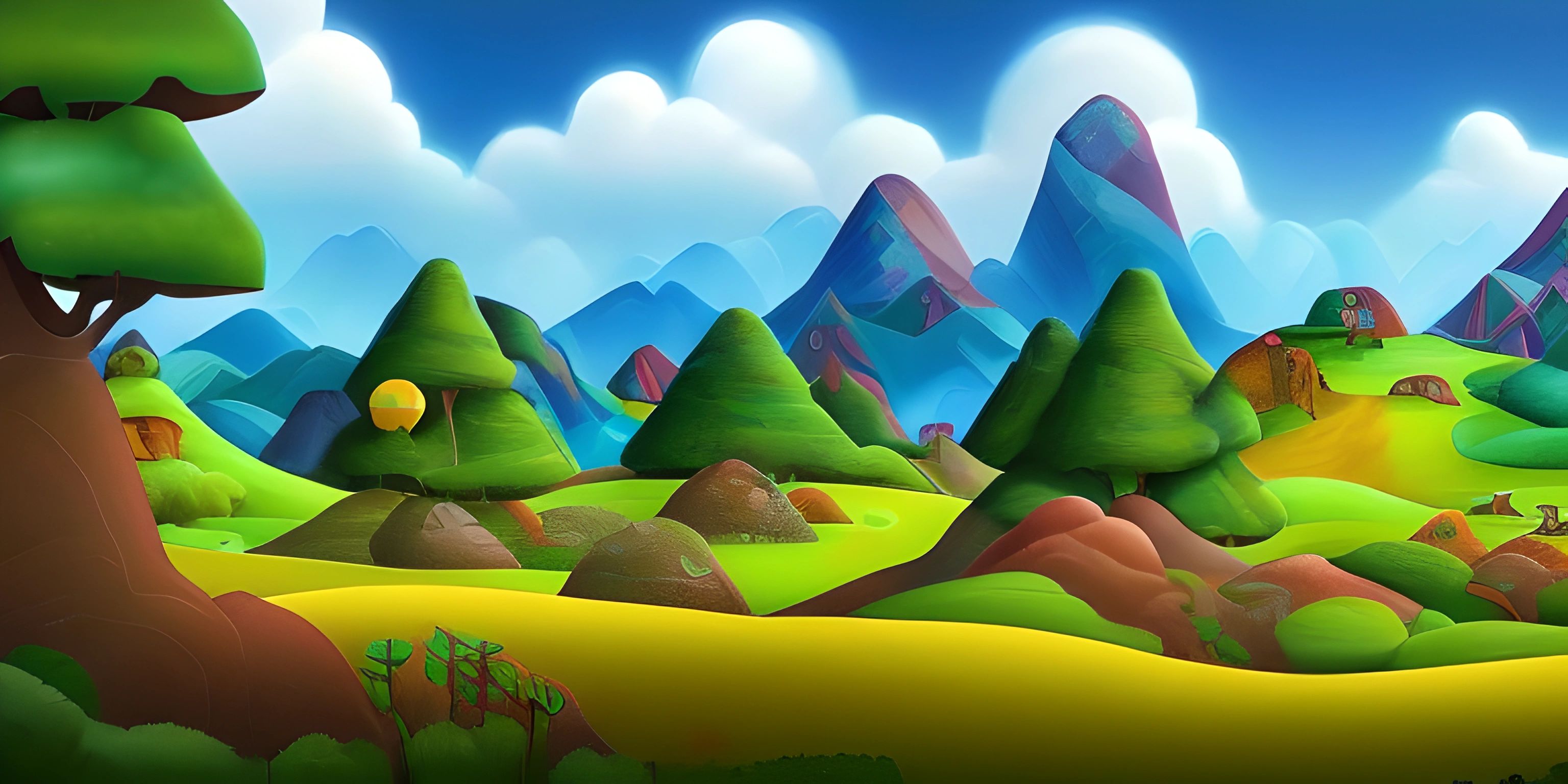 a stylized picture of the forest with mountains and fields in the background for game art or background
