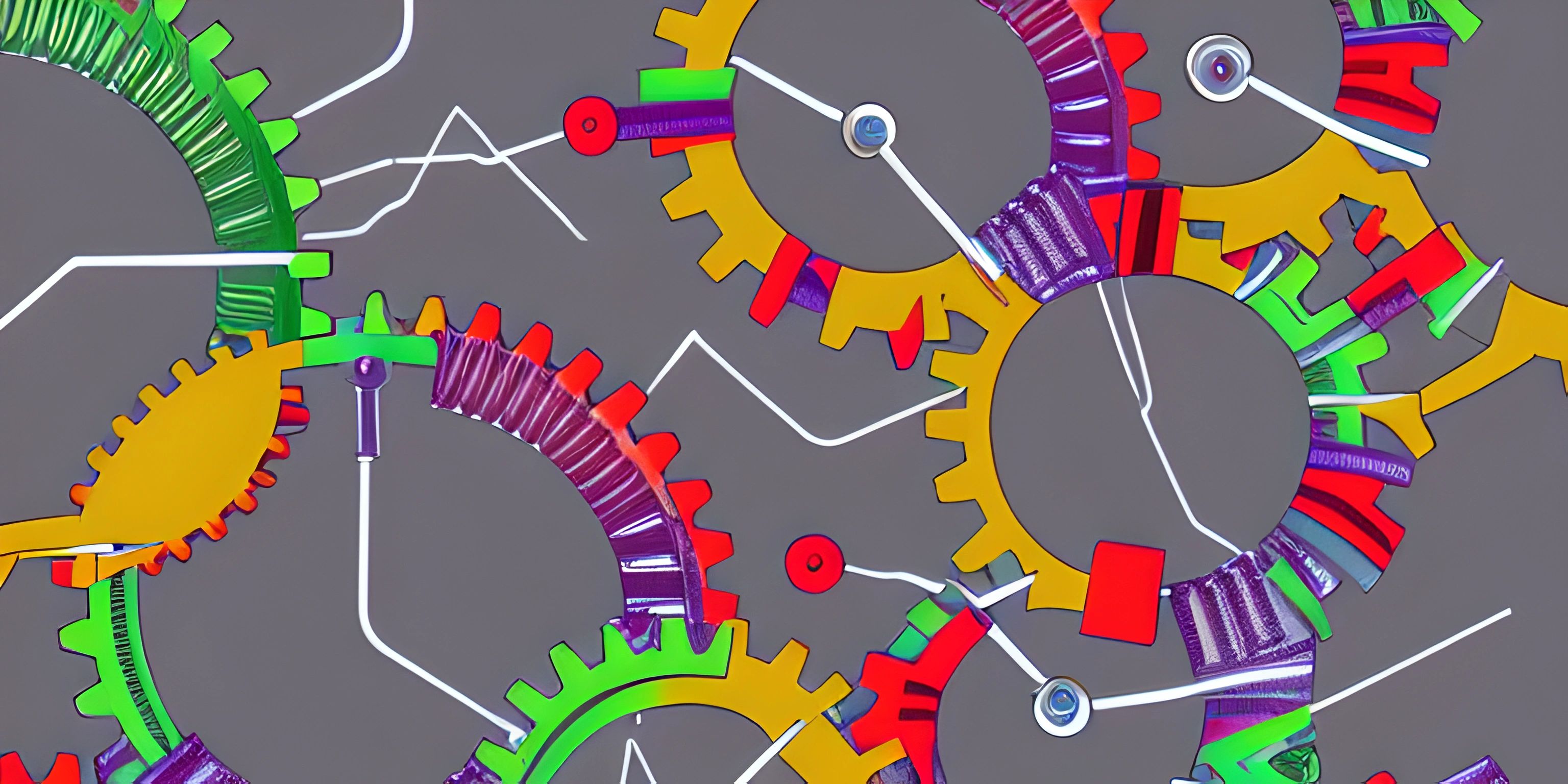 colored gears are depicted on a gray surface with a light purple background and an orange and yellow one