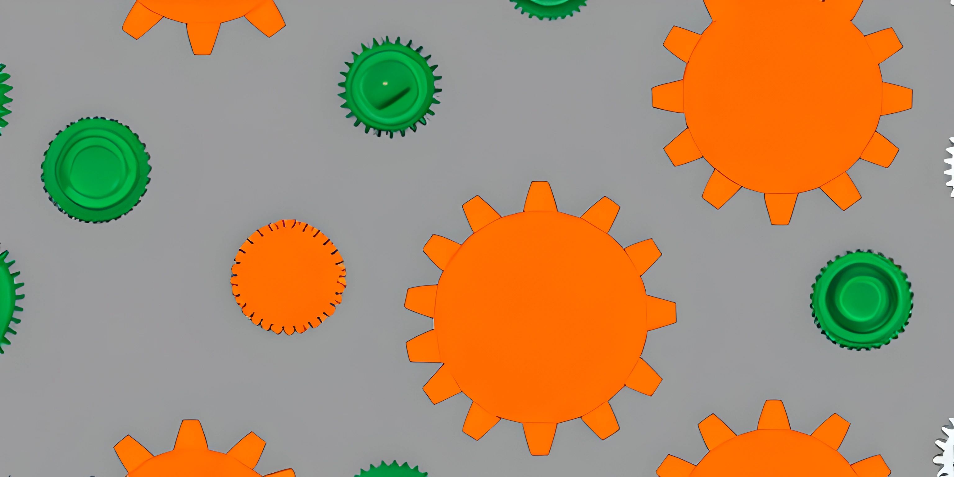 several orange, green, and black gears are arranged in rows and dots in grey
