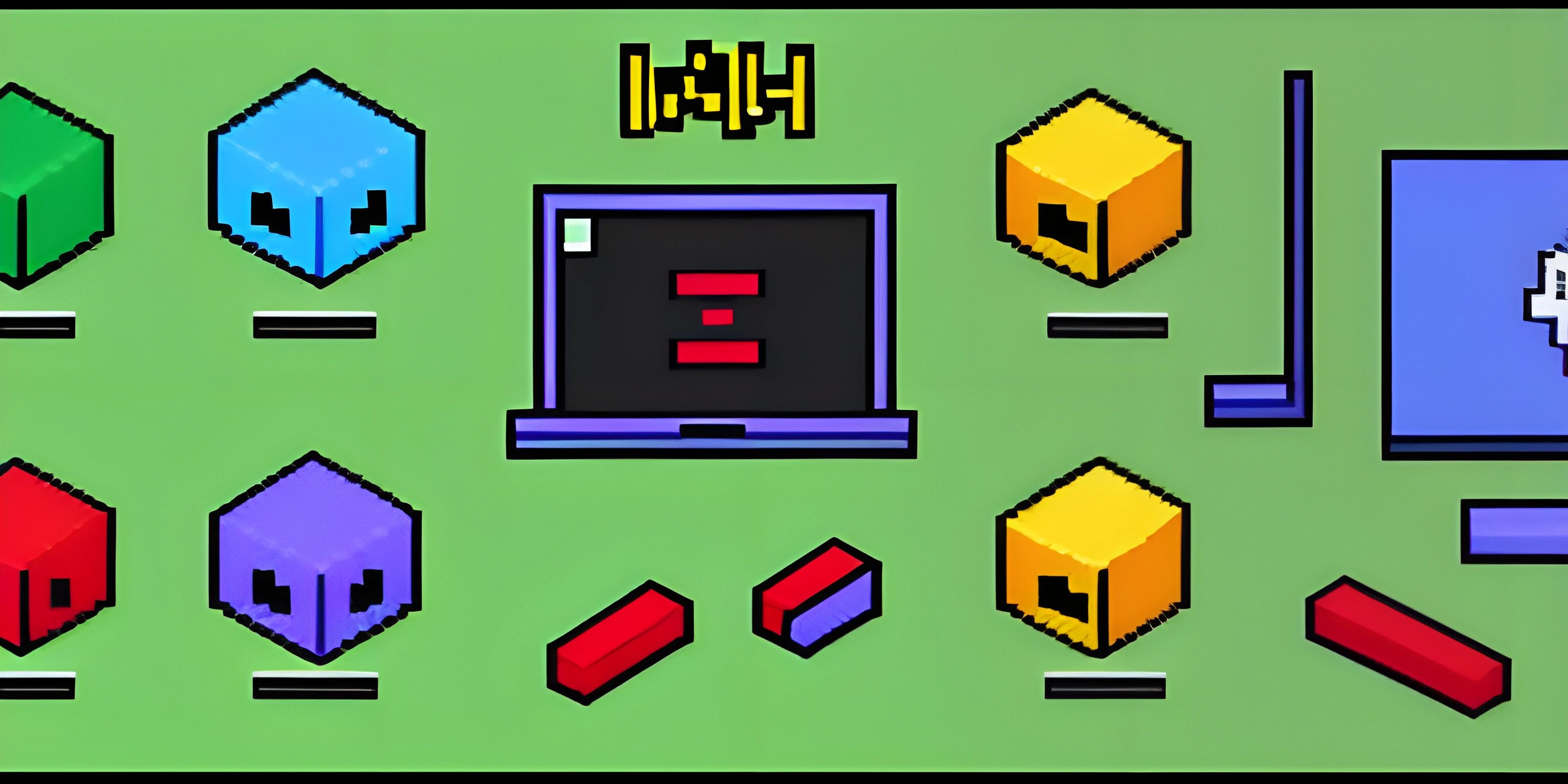 a green background with a computer, computer mouse, and different pixel objects such as a bird