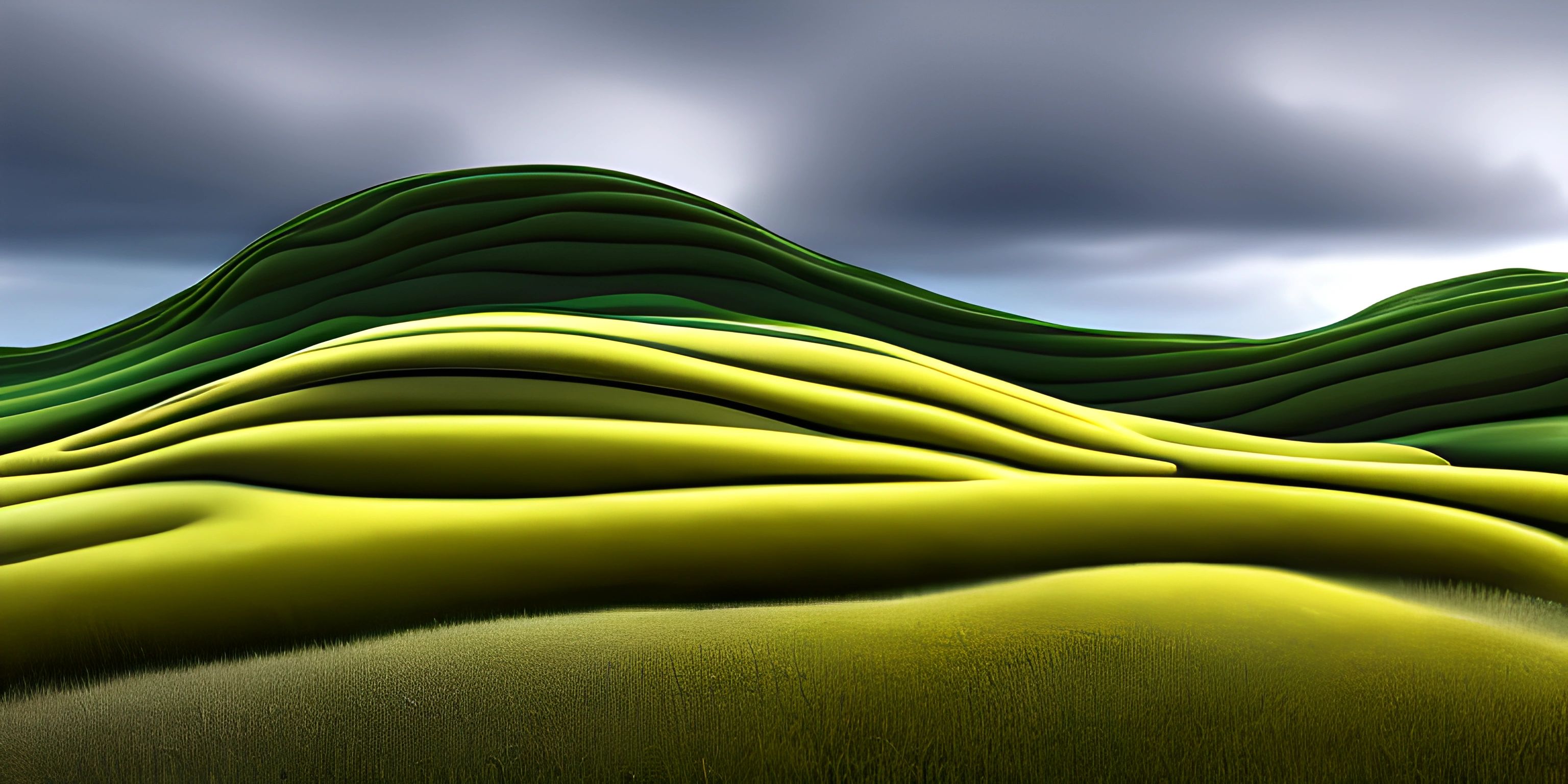 a 3d rendered image of green hills under a blue cloudy sky with small clouds above them