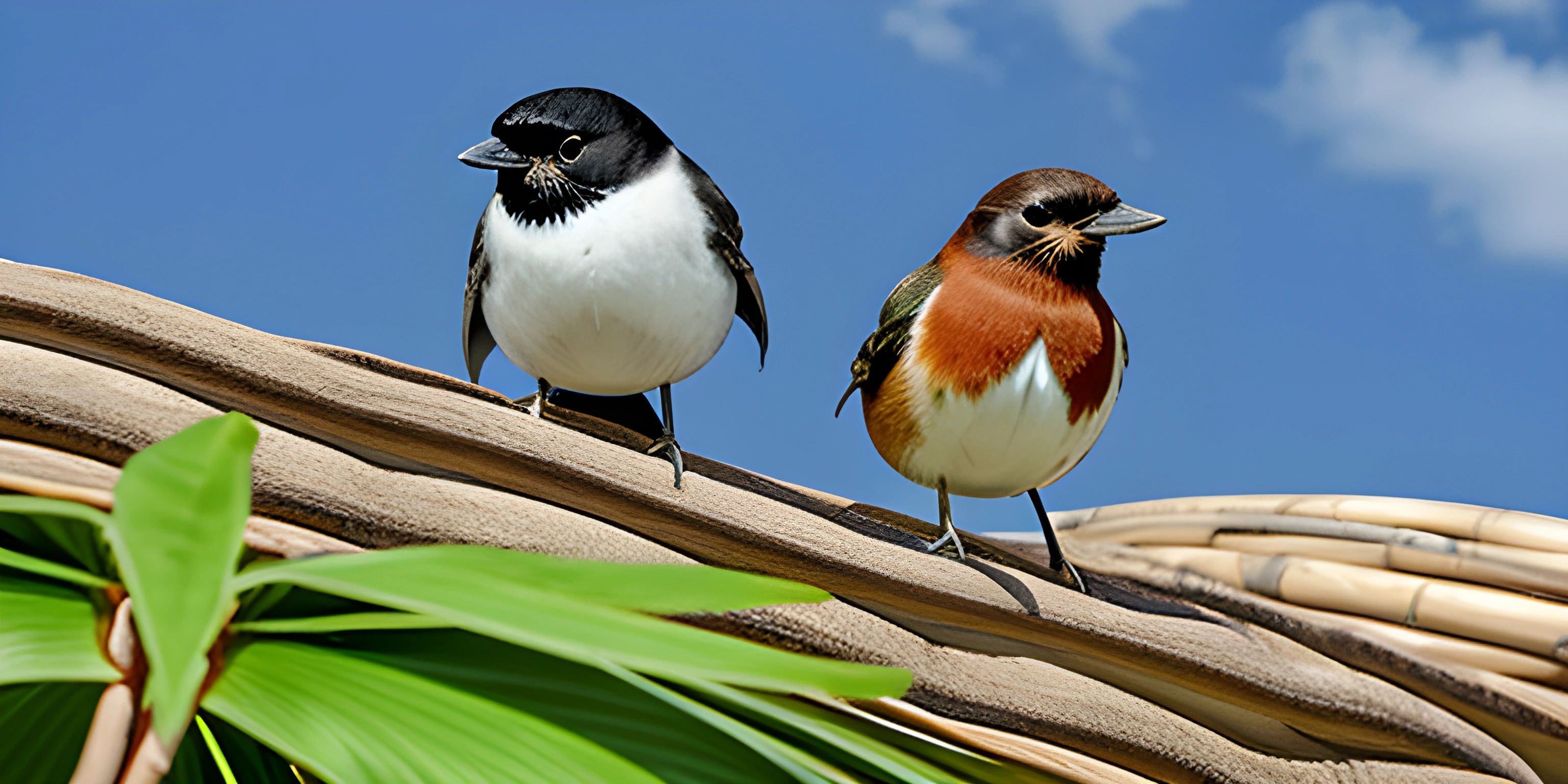 two birds are sitting on a rat basket roof or wall with a green leaf and white clouds behind them