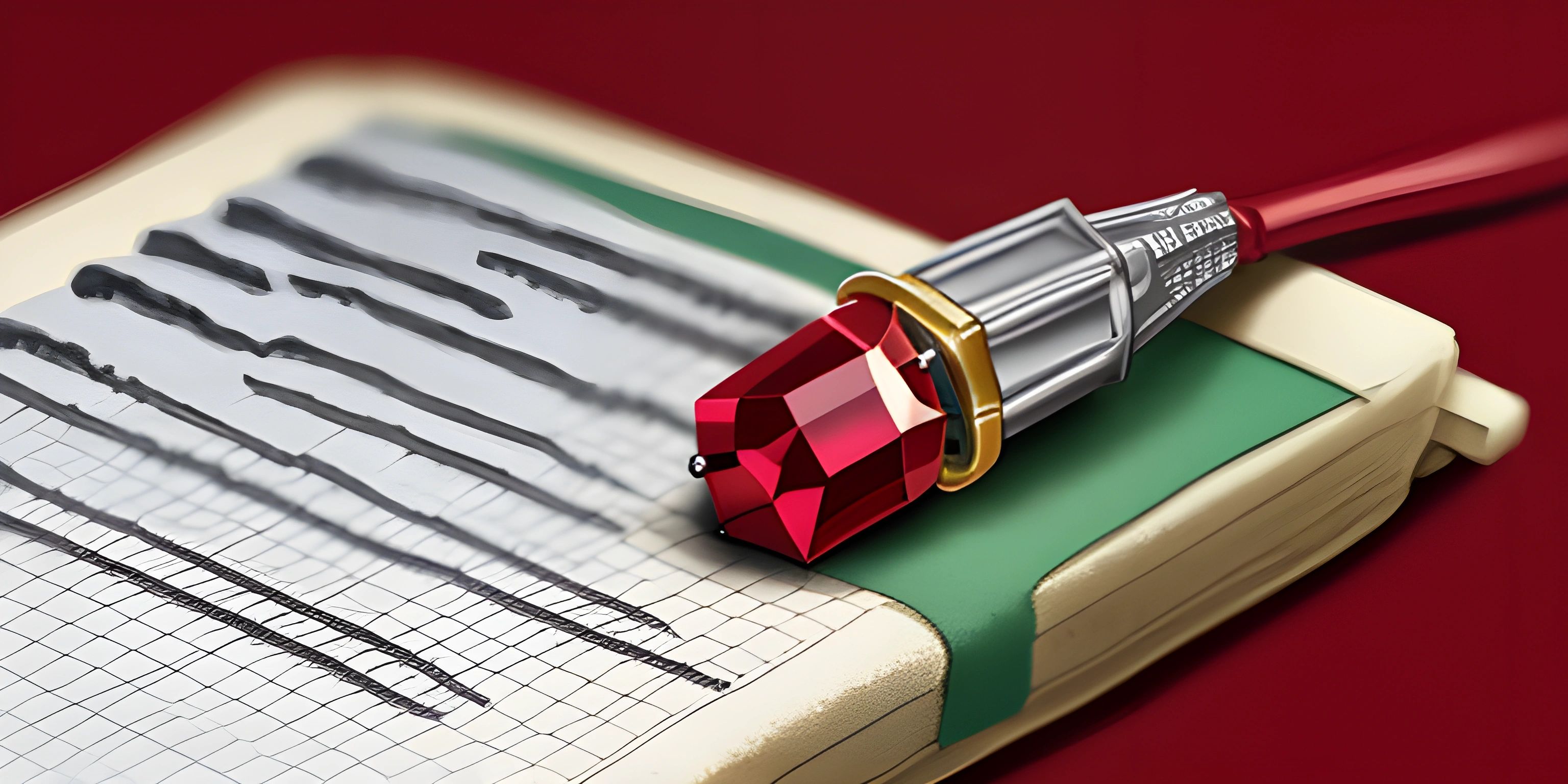 a pen and a red diamond laying on top of a book with other writing on it