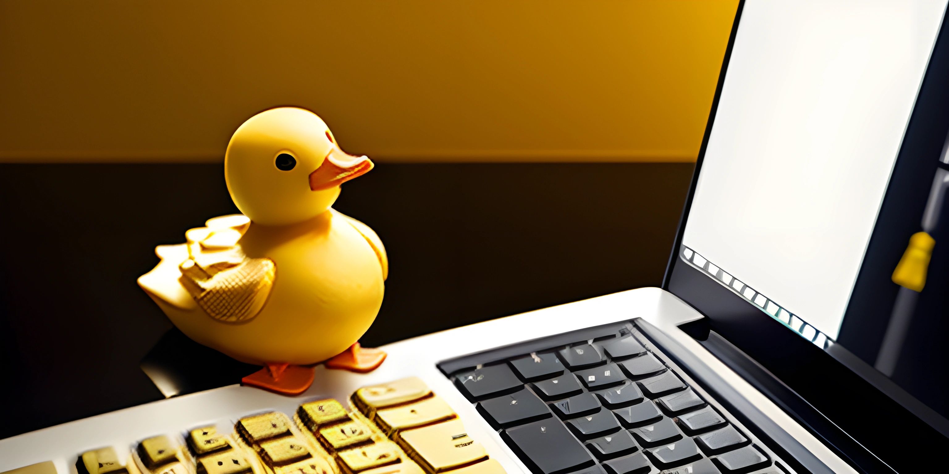 a yellow rubber duck sits next to a laptop keyboard and the computer keyboard is covered in wood blocks