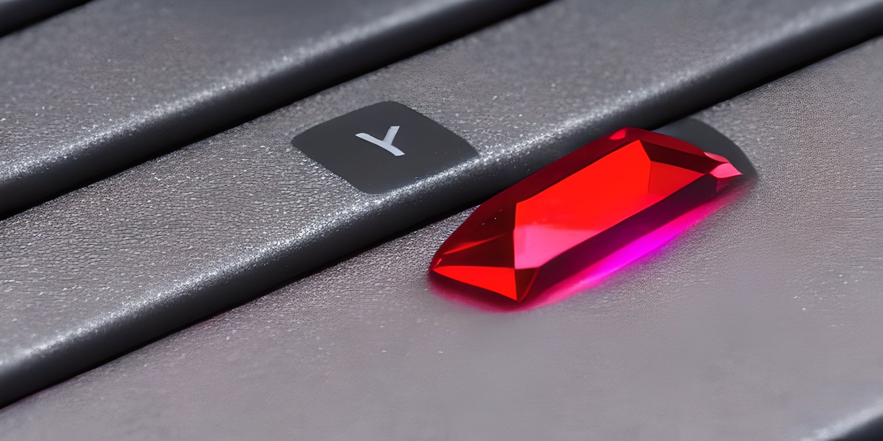 a pink diamond sits on top of a black computer keyboard, which has a white key and grey cover