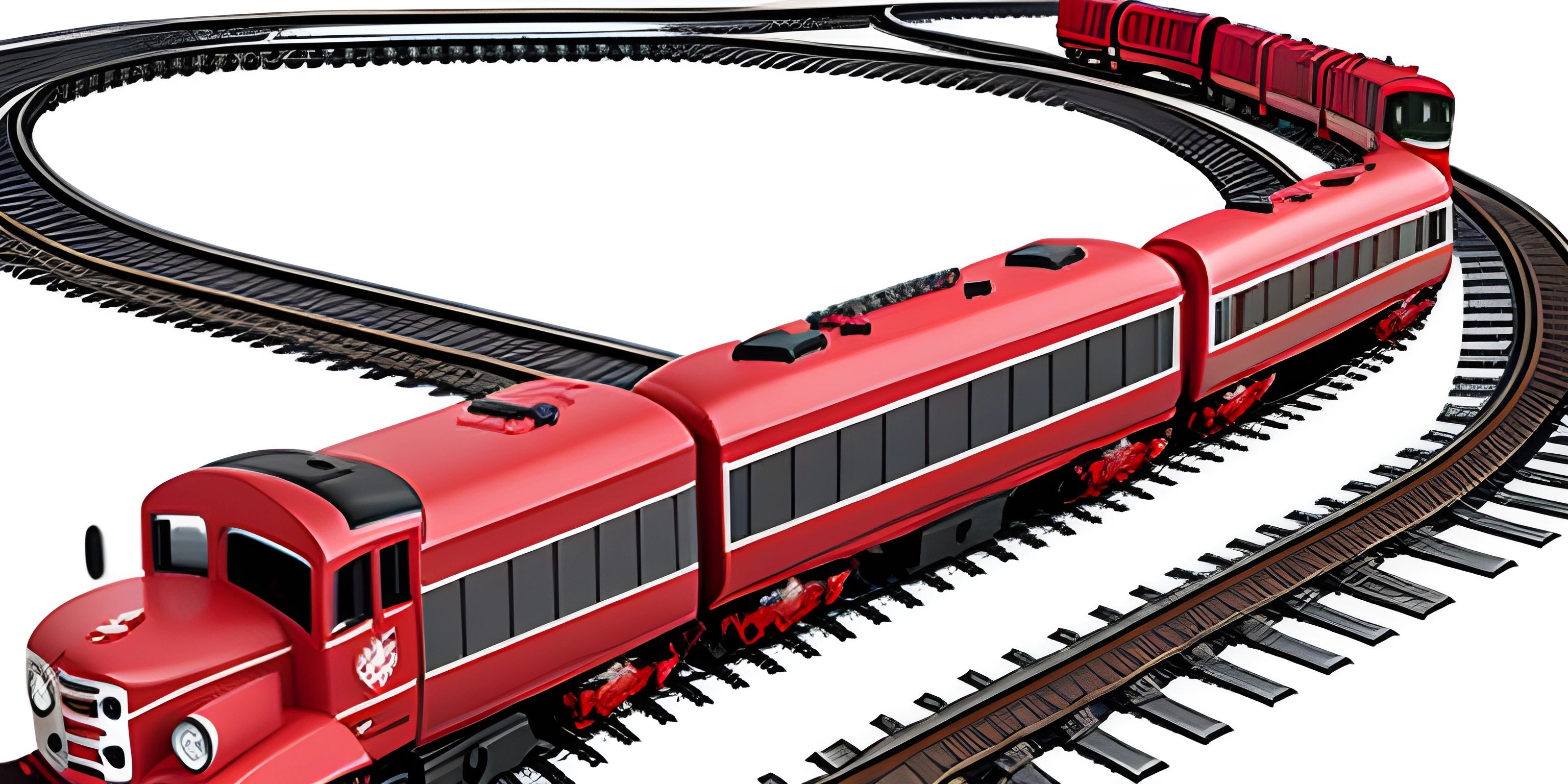 a train is traveling down a railroad track, the two cars are red, black and white